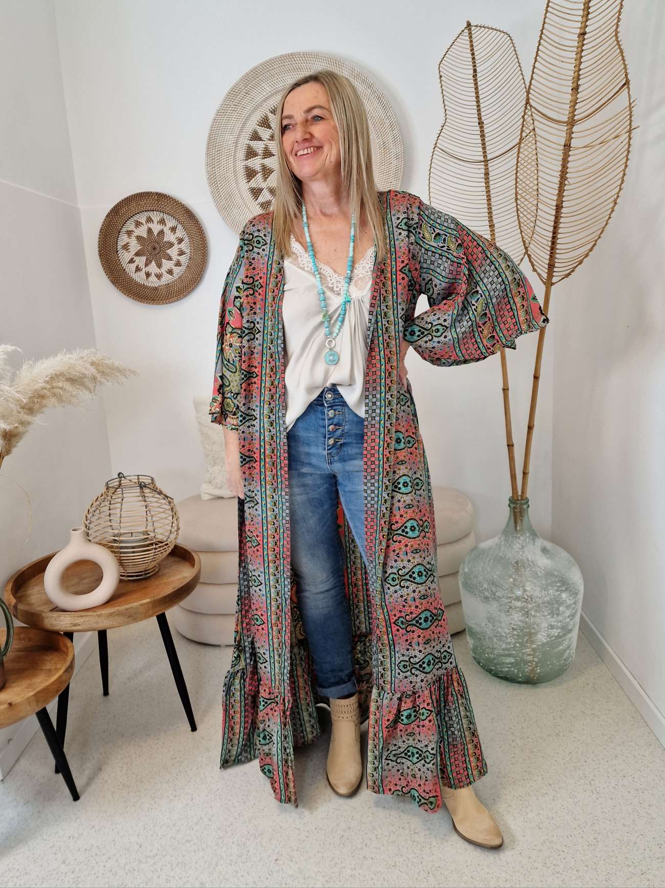 MAXI SILK KIMONO MALEDIVE MIT VOLANT PINK Seide Jacke Mantel Beach Sommer 34-40 Kaftan