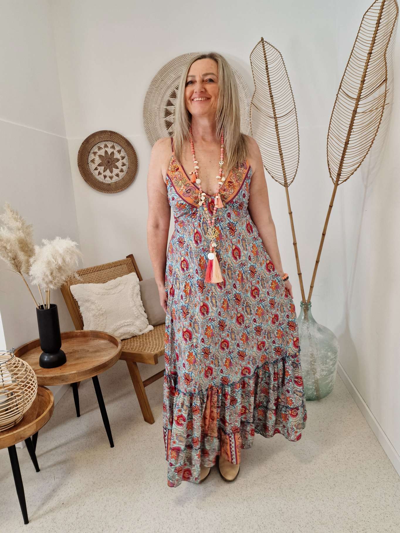 MALEDIVE SILK DRESS LUANA TÜRKIS KORALLE 34-40 Italy Design Seiden Spaghettiträger Kleid TD-07 Boho