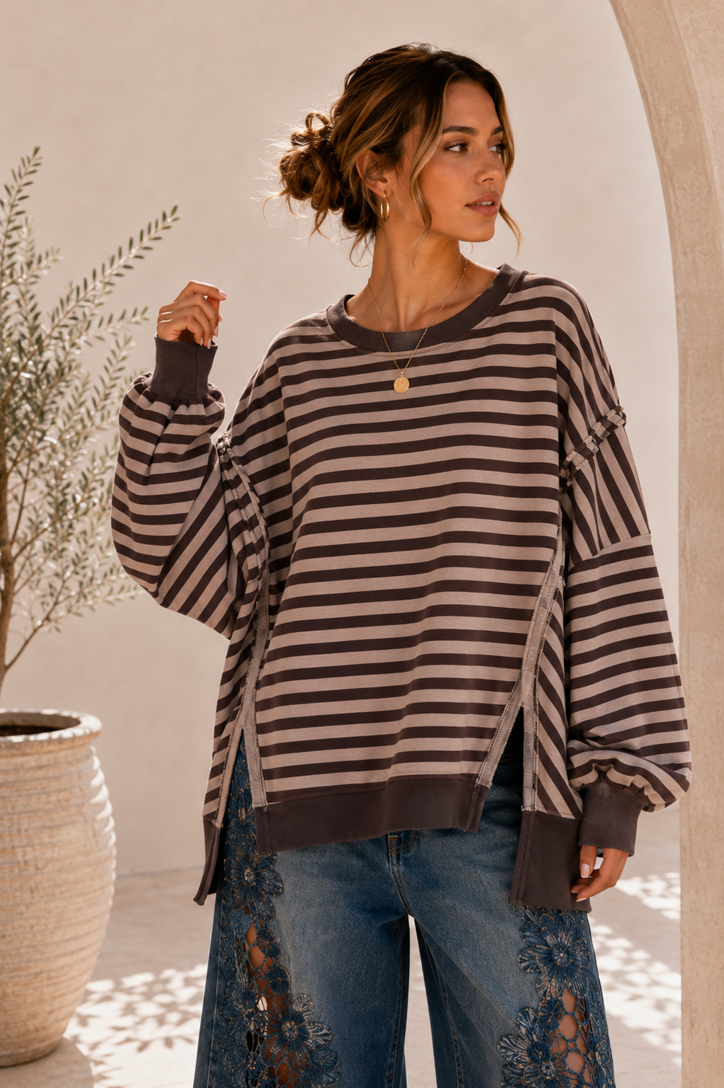 Sweater Charly mit Raw-Cut Details Stripes Made in Italy 34-44/46