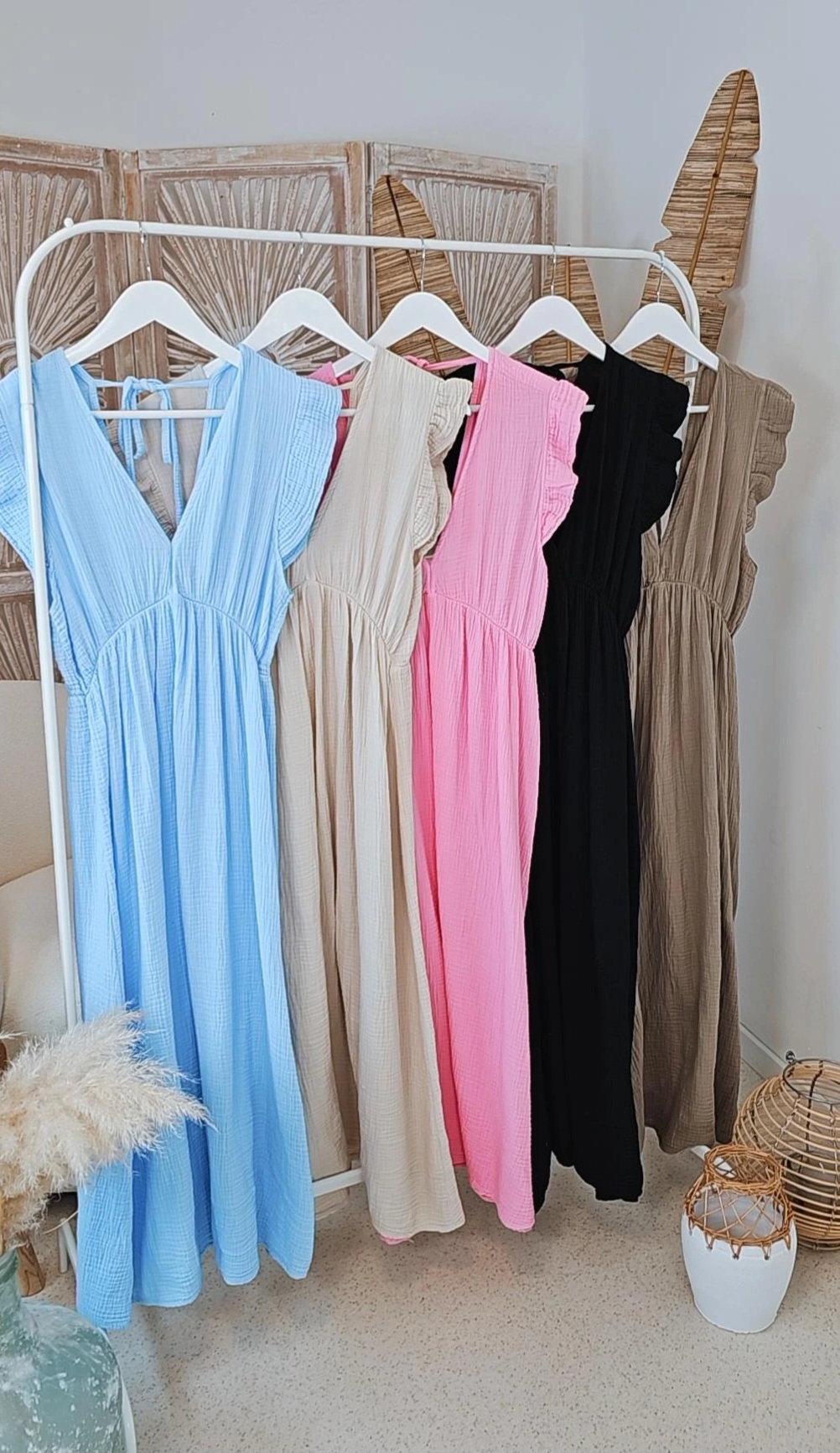 Musselin Kleid Damen Ärmellos - Leinen Midikleid Mit Taschen & Blumendruck