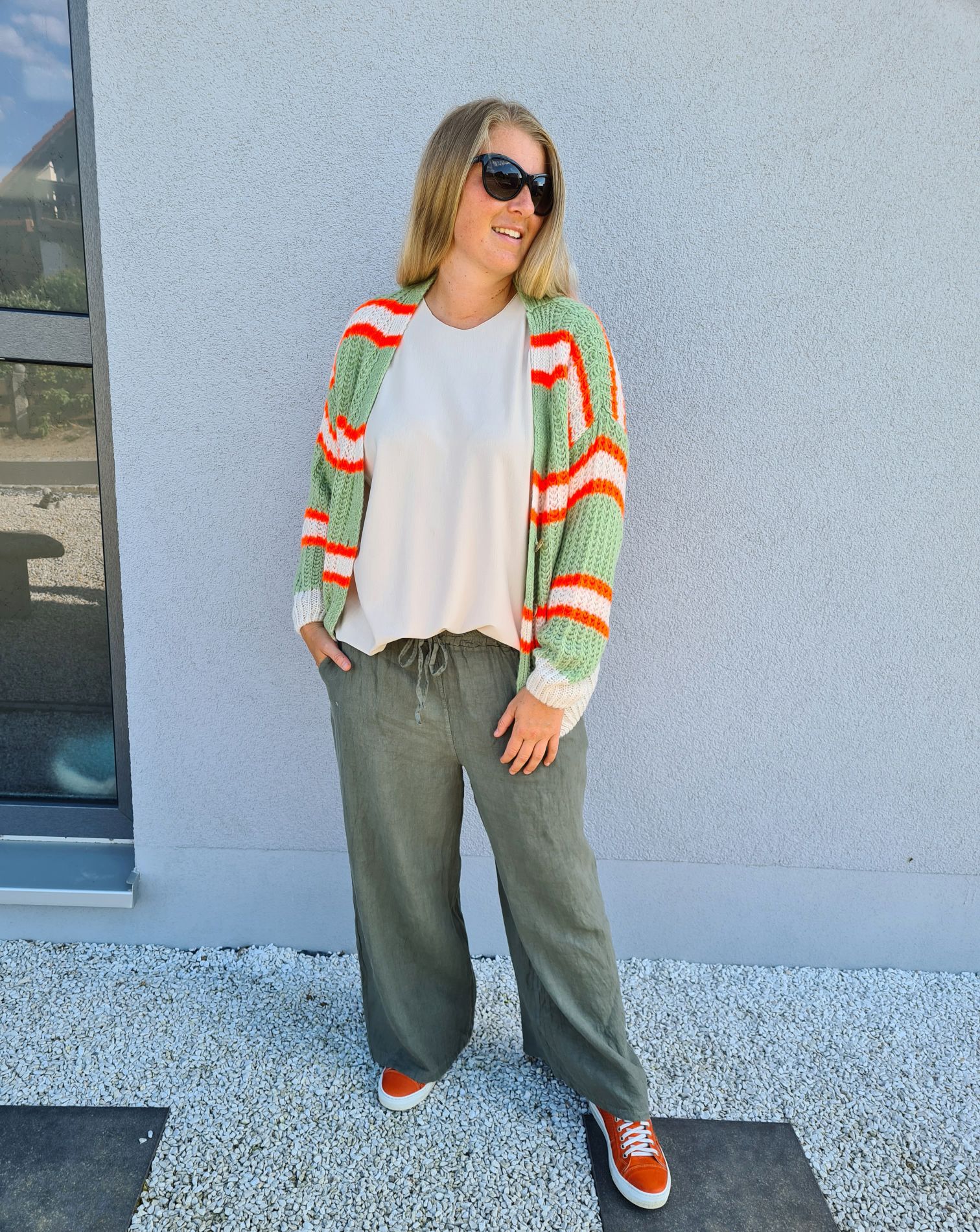 SHORT KNIT CARDIGAN MYKONOS STRIPES BUTTONS LIGHT GRÜN ORANGE CREME kurze Strick Jacke Made in Italy Streifen Knöpfe 34-42 SHORT KNIT CARDIGAN MYKONOS STRIPES BUTTONS LIGHT GRÜN ORANGE CREME kurze Strick Jacke Made in Italy Streifen Knöpfe 34-42
