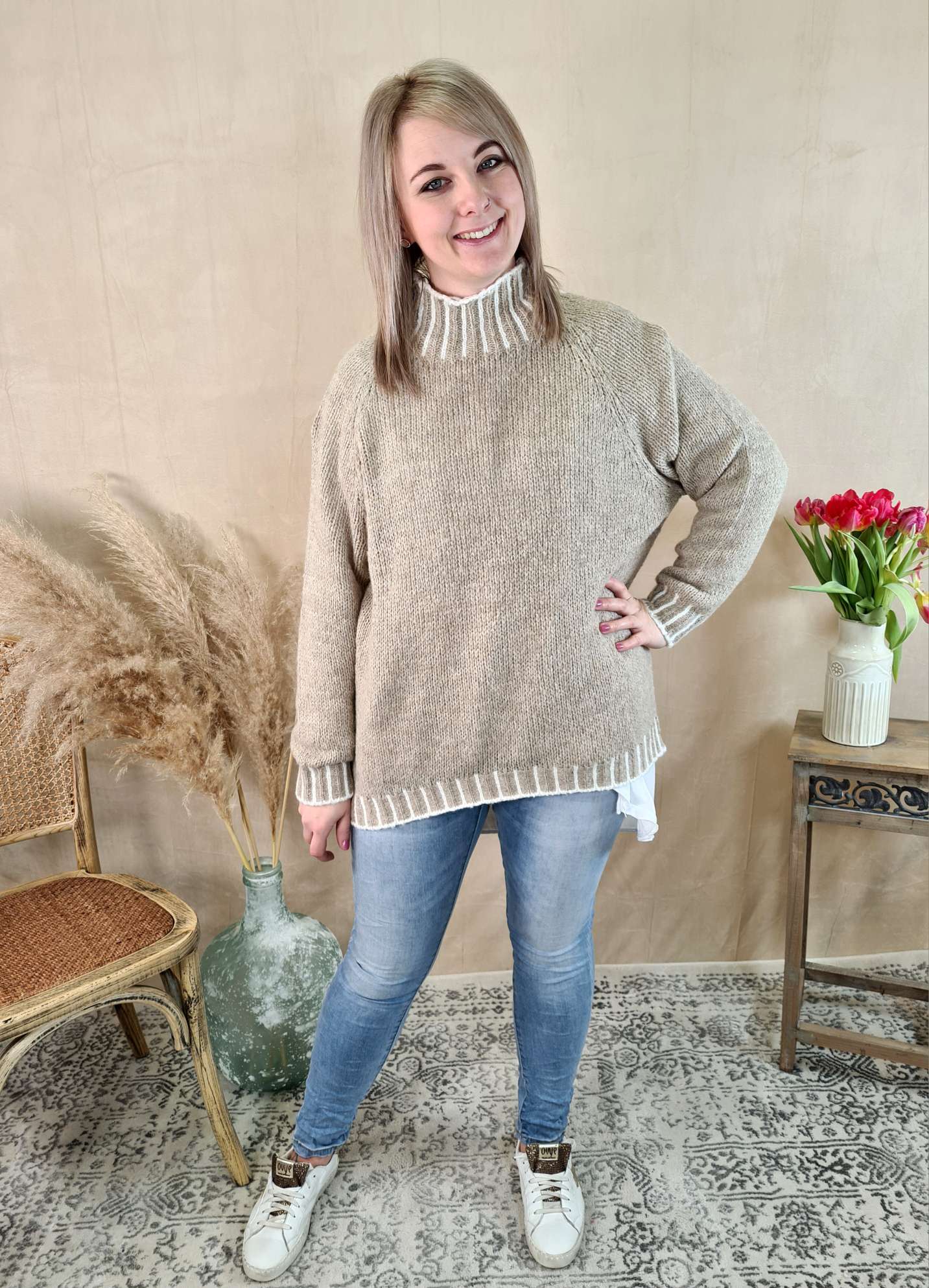KNIT SWEATER ULRIKE TAUPE Made in Italy 34-42 Strick Pullover KNIT SWEATER ULRIKE TAUPE Made in Italy 34-42 Strick Pullover