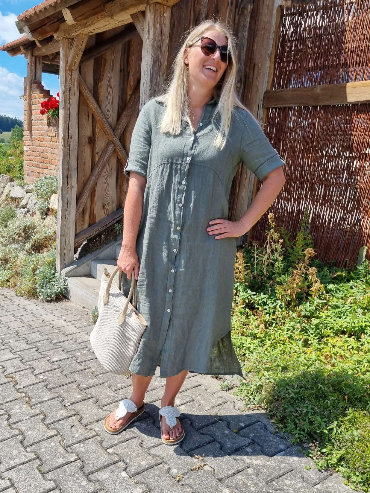 LINEN DESS WILMA KHAKI 34-42 Made in Italy Leinen Kleid Long Bluse Mantel LINEN DESS WILMA KHAKI 34-42 Made in Italy Leinen Kleid Long Bluse Mantel