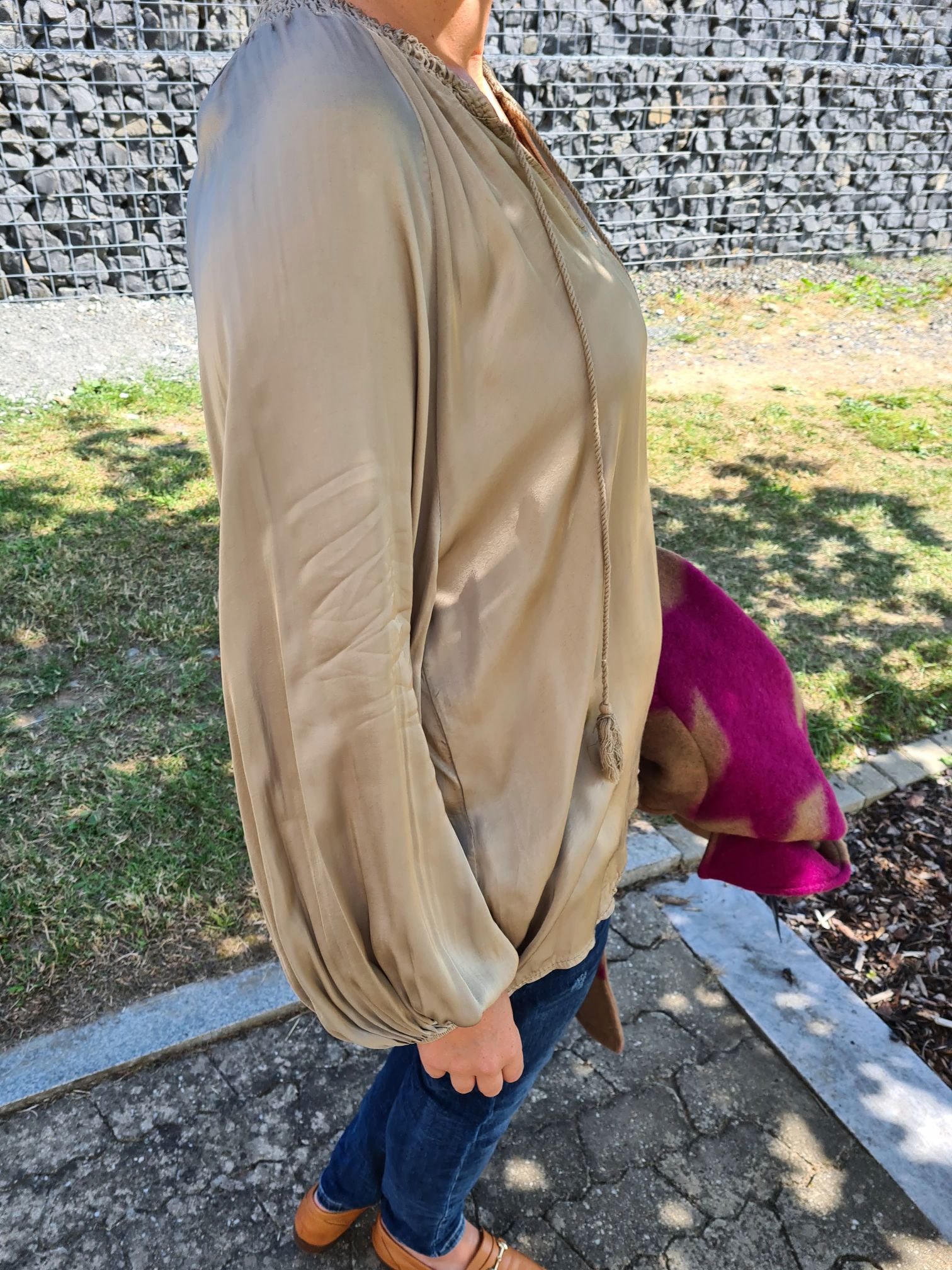BASIC SEIDEN BLUSE KELLY CAMEL 34-42 Made in Italy Silk Oversize Shirt BASIC SEIDEN BLUSE KELLY CAMEL 34-42 Made in Italy Silk Oversize Shirt