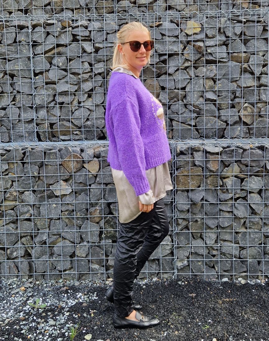 KNIT SWEATER GRETA FLOWER LILA Strickpullover Pullover 34-42 Made in Italy versch. Farben KNIT SWEATER GRETA FLOWER LILA Strickpullover Pullover 34-42 Made in Italy versch. Farben