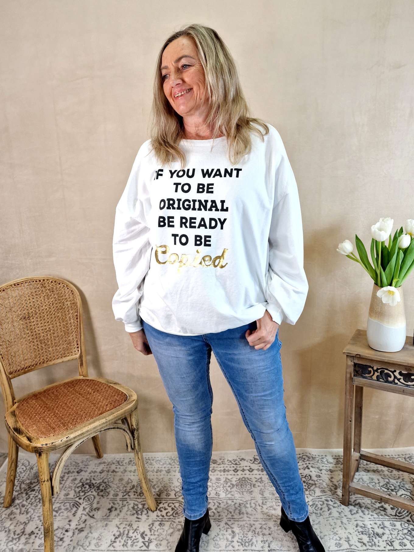 SWEATER COPIED WEISS Longsleeve Langarm Statement Shirt Made in Italy 34-42 verschiedene Farben SWEATER COPIED WEISS Longsleeve Langarm Statement Shirt Made in Italy 34-42 verschiedene Farben