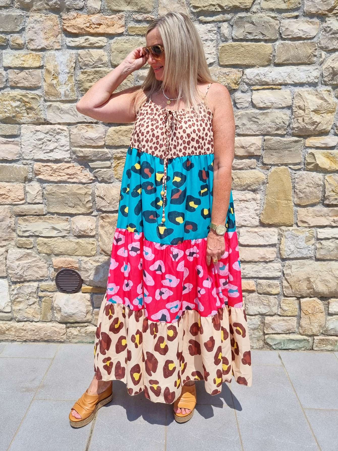 SPAGHETTI DRESS CHIETA LEO 36-42 Made in Italy Maxi Kleid Sommer Strandkleid Leopard BEIGE TÜRKIS PINK SPAGHETTI DRESS CHIETA LEO 36-42 Made in Italy Maxi Kleid Sommer Strandkleid Leopard BEIGE TÜRKIS PINK