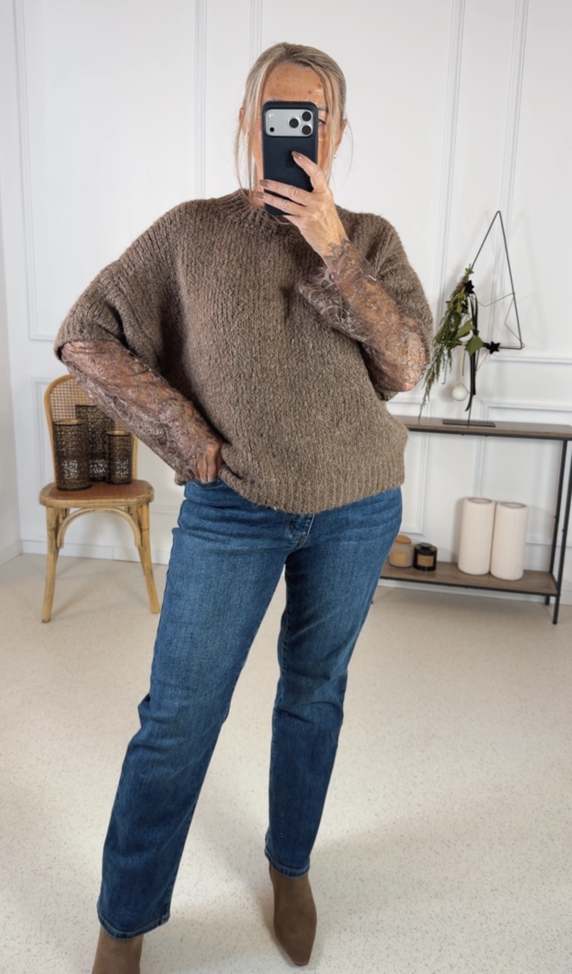 BASIC KNIT PULLOVER KIARA mit Spitze 34 - 44 Made in Italy Strickpullover