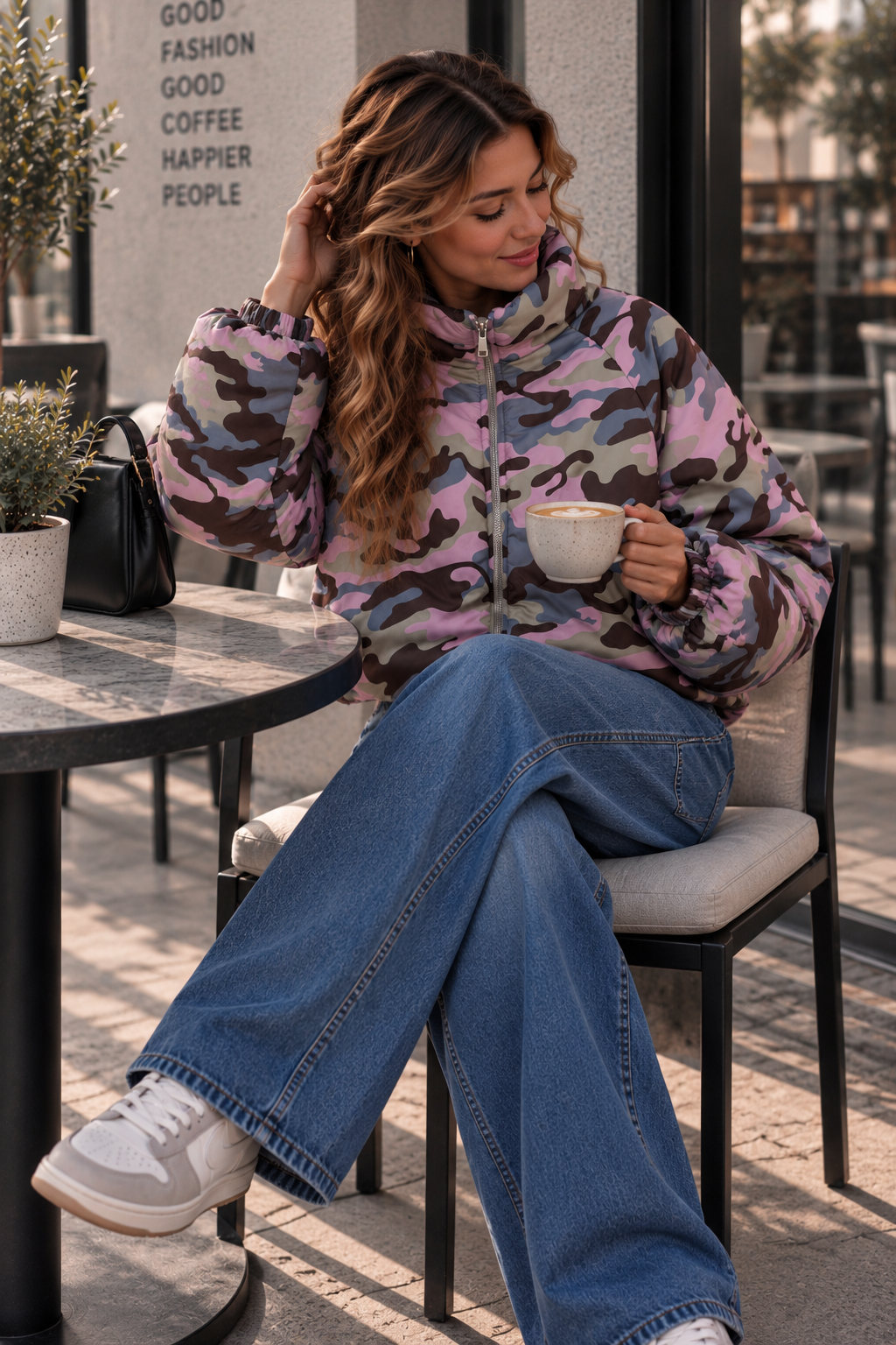 Jacke Puffy Monika CAMOUFLAGE – lässiger Allrounder für die Übergangszeit Made in Italy 34-42