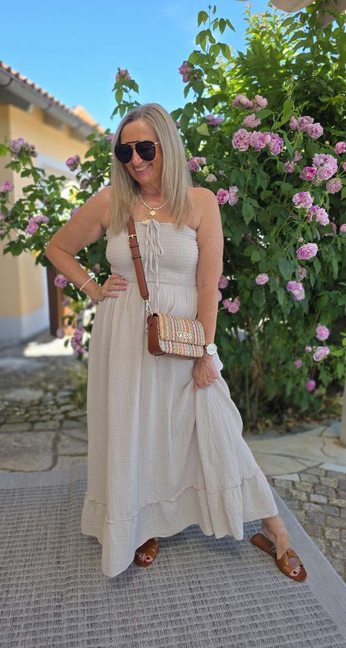 MUSSELIN KLEID LANZAROTE TRÄGERLOS Italystyle 34-40