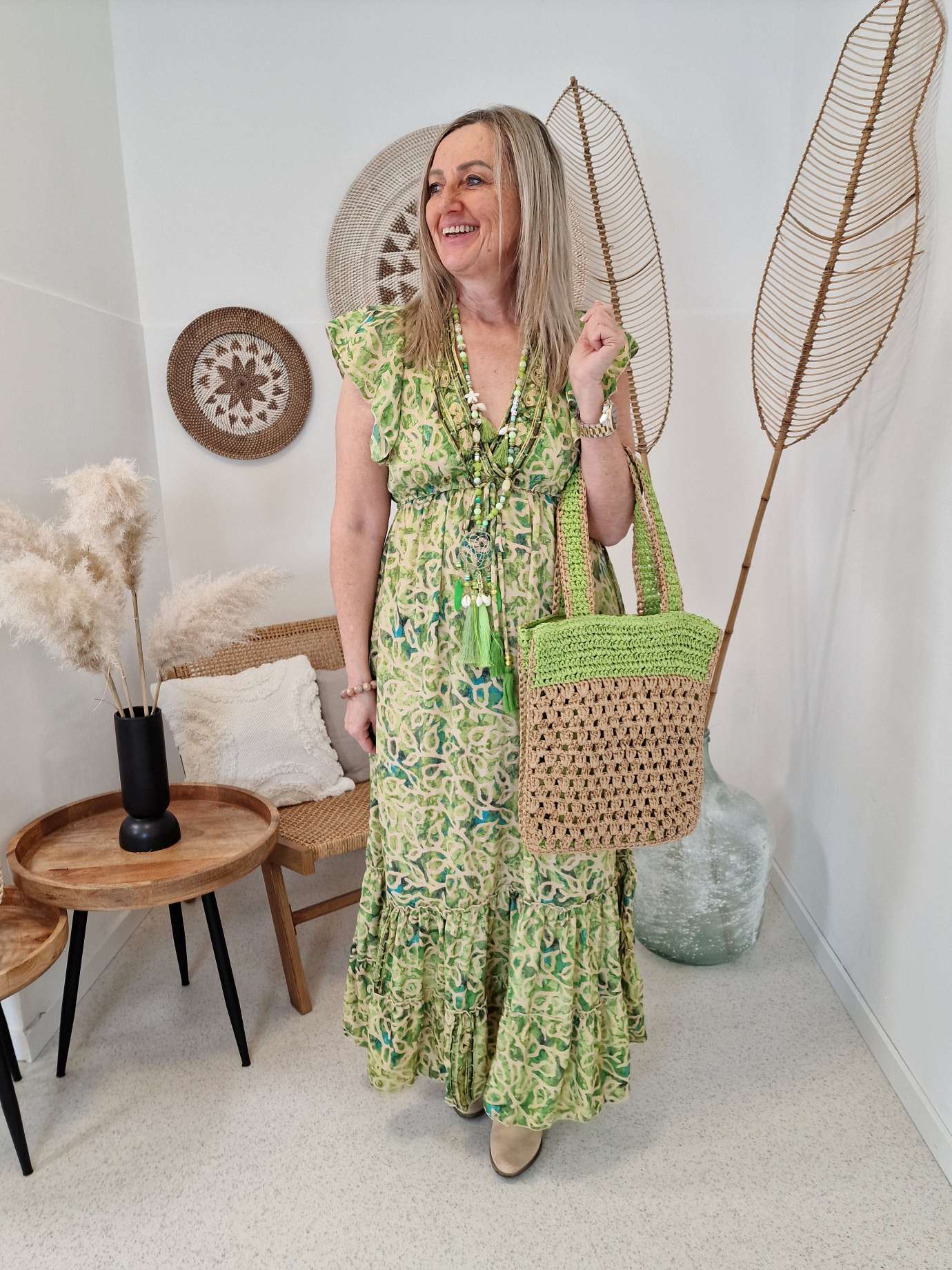 SILK DRESS ESTHER GRÜN 34-40/42 Italy Style Boho Boheimian Seide Kleid Maxi Beach Sommer