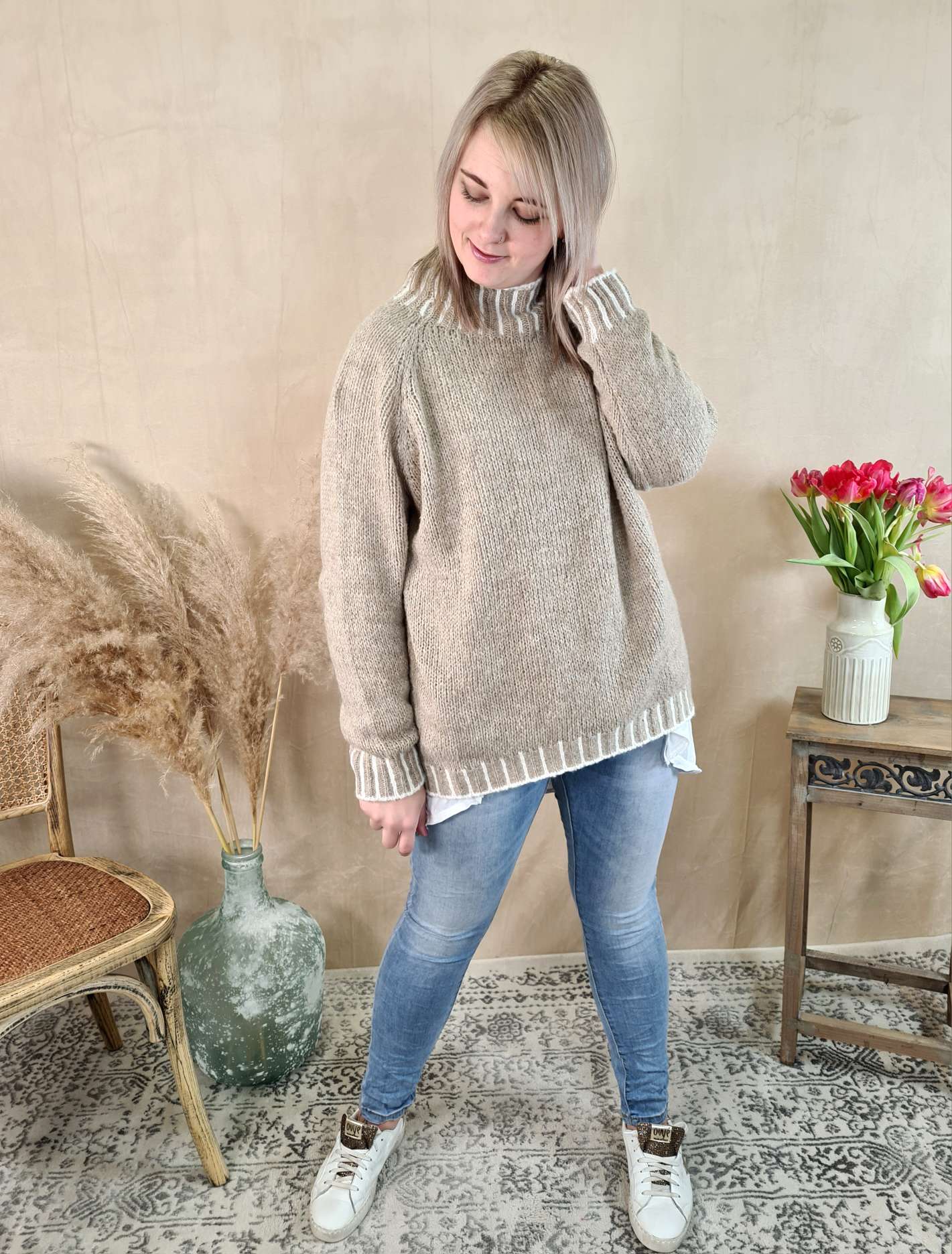 KNIT SWEATER ULRIKE TAUPE Made in Italy 34-42 Strick Pullover KNIT SWEATER ULRIKE TAUPE Made in Italy 34-42 Strick Pullover