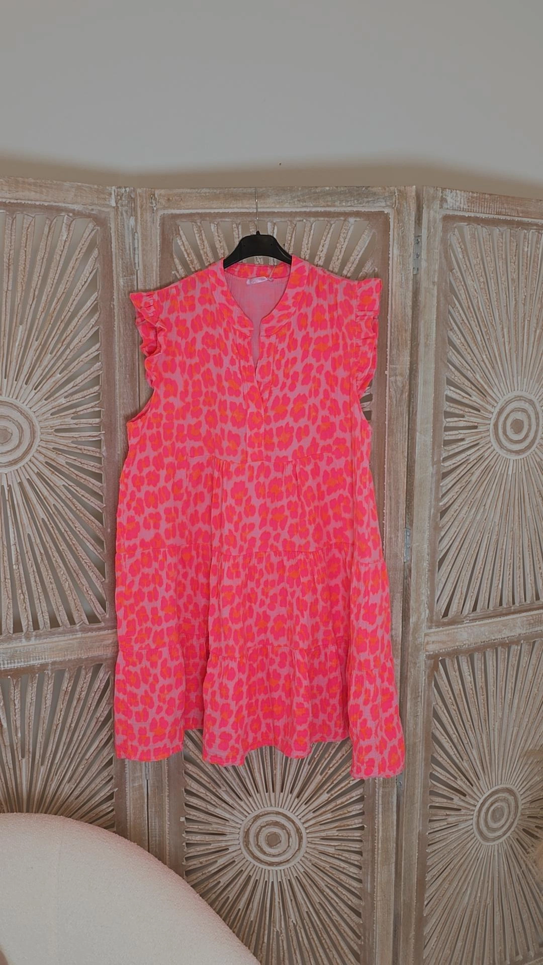 MUSSELIN KLEID TAMI Leo rosa neonpink neonorange kurz Rüschen 34 - 42 Summer Dress
