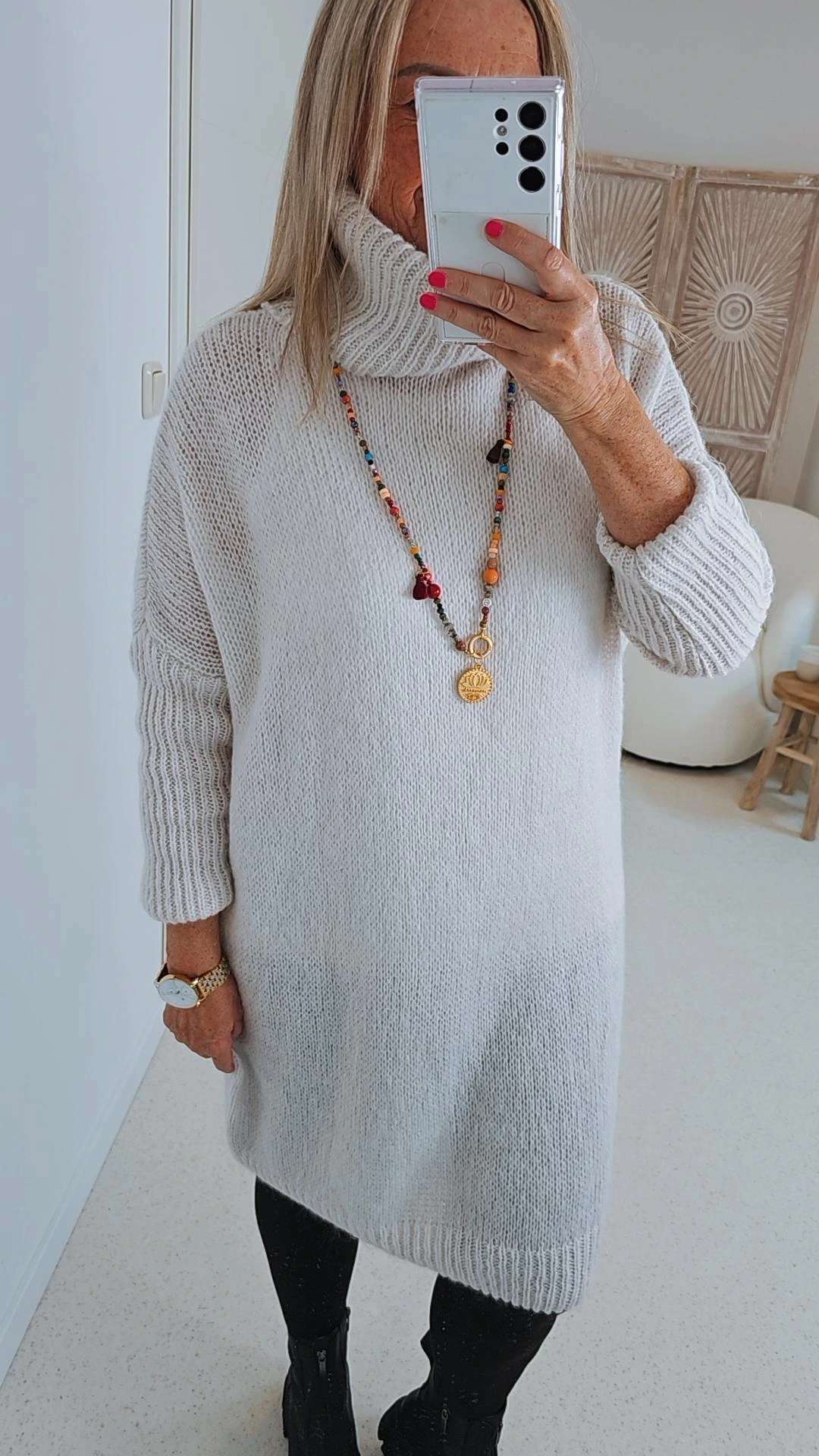 OVERSIZE KNIT DRESS HAJO CREME 34-40 Made in Italy Strickkleid Pullover Rollkragen 