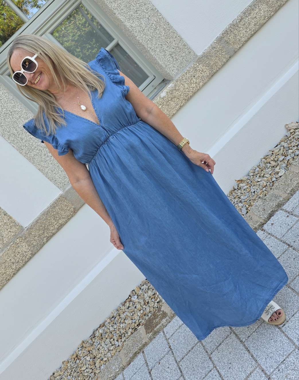 JEANSKLEID KLEID ZOE LYOCELL 34 - 42 Made in Italy ärmellos Rüsche