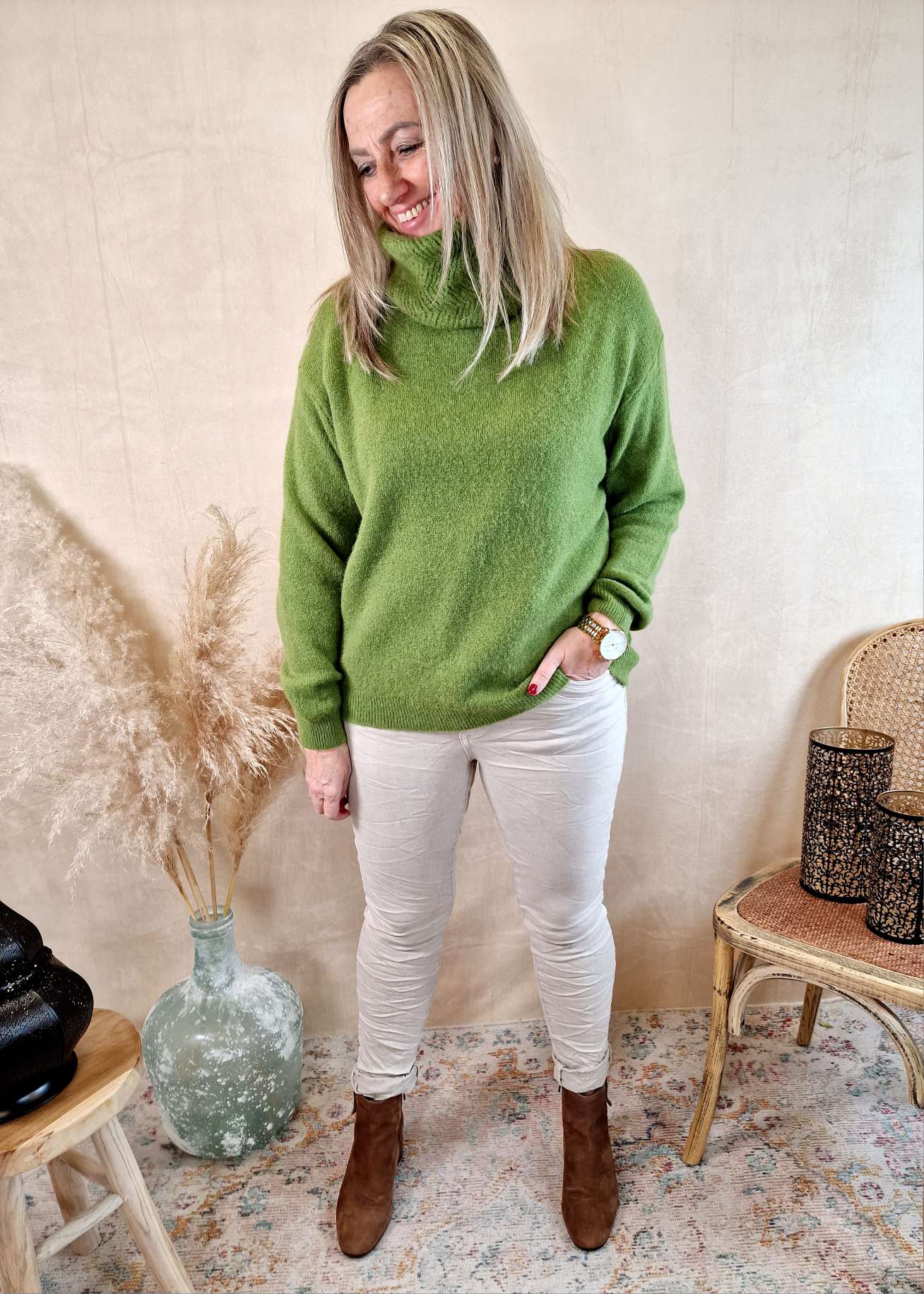 EXCLUSIVER BASIC ROLLKRAGEN PULLOVER JURI GRÜN 34-42 Made in Italy Strickpullover Sweatshirt Longsleeve