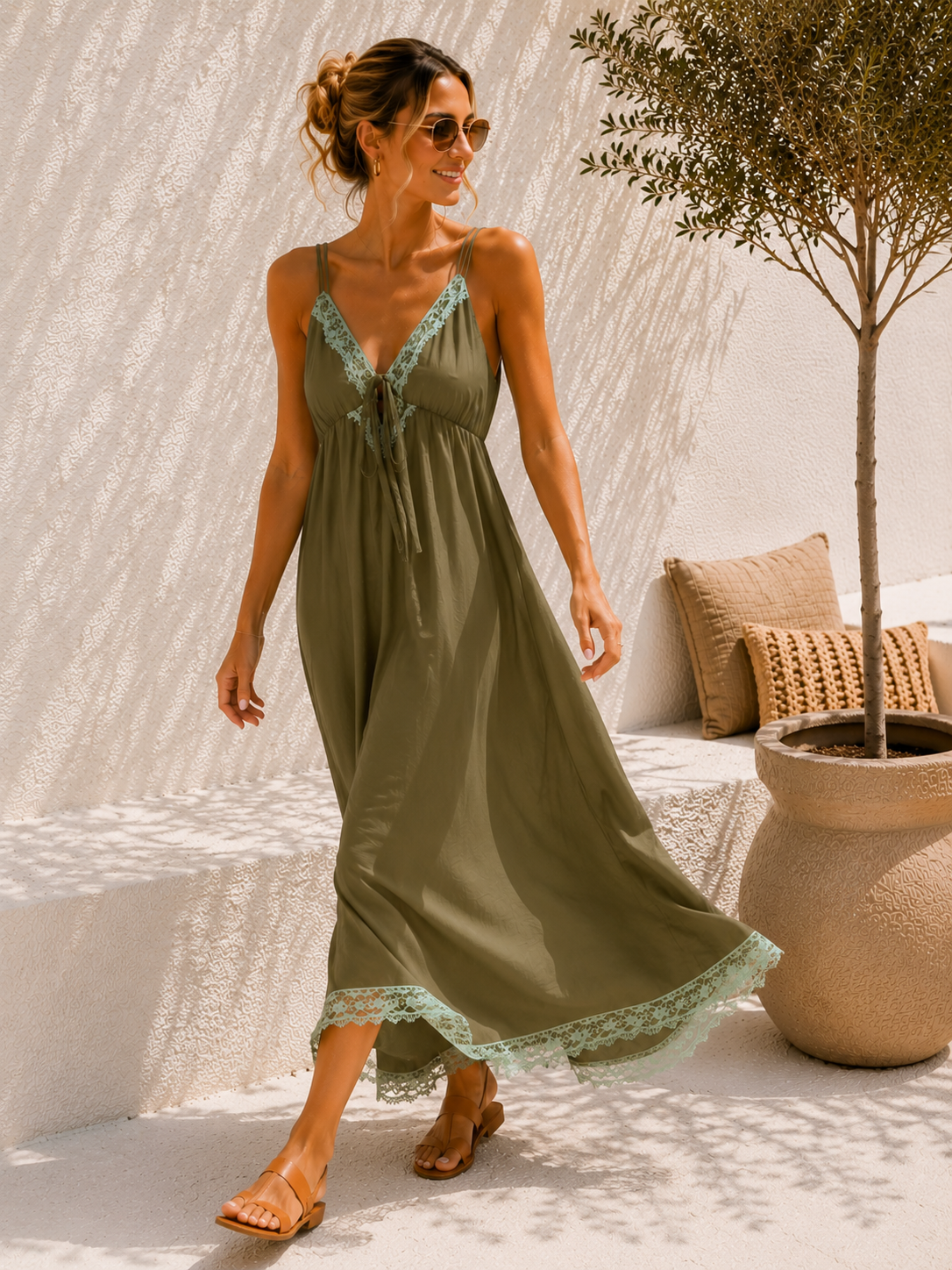 Maxikleid „Burano“ Khaki Spitzenbesatz Uni 34-42/44