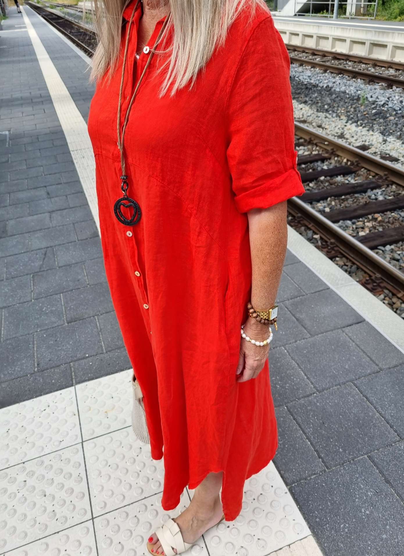 LINEN DESS WILMA KORALLE 34-42 Made in Italy Leinen Kleid Long Bluse Mantel LINEN DESS WILMA KORALLE 34-42 Made in Italy Leinen Kleid Long Bluse Mantel