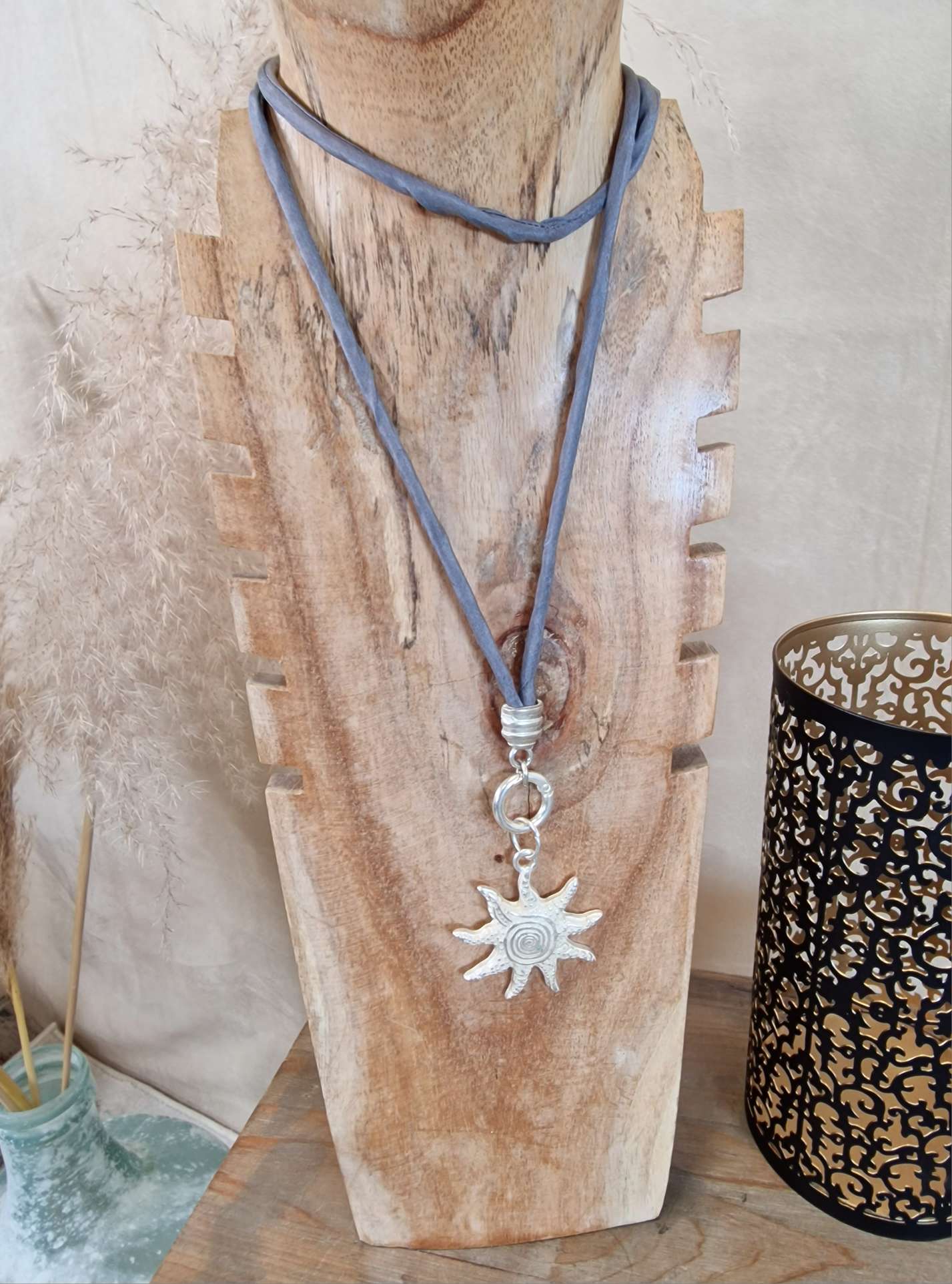 NECKLACE SILVER SUN SILK  Wechselkette GRAU Seide Lange Kette mit Anhänger