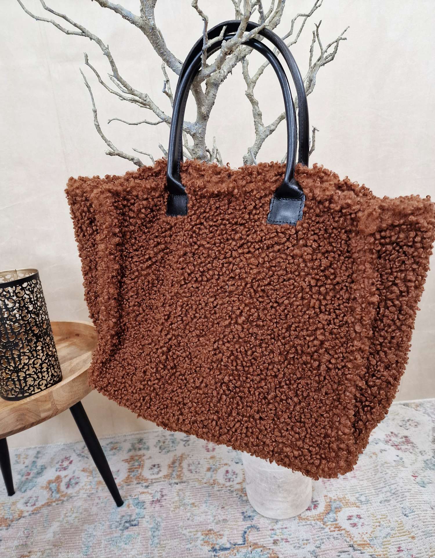 TEDDY FELL SHOPPER ELENI DUNKELBRAUN flauschige Shopping Bag mit Leder-Henkel Tasche Made in Italy TEDDY FELL SHOPPER ELENI DUNKELBRAUN flauschige Shopping Bag mit Leder-Henkel Tasche Made in Italy