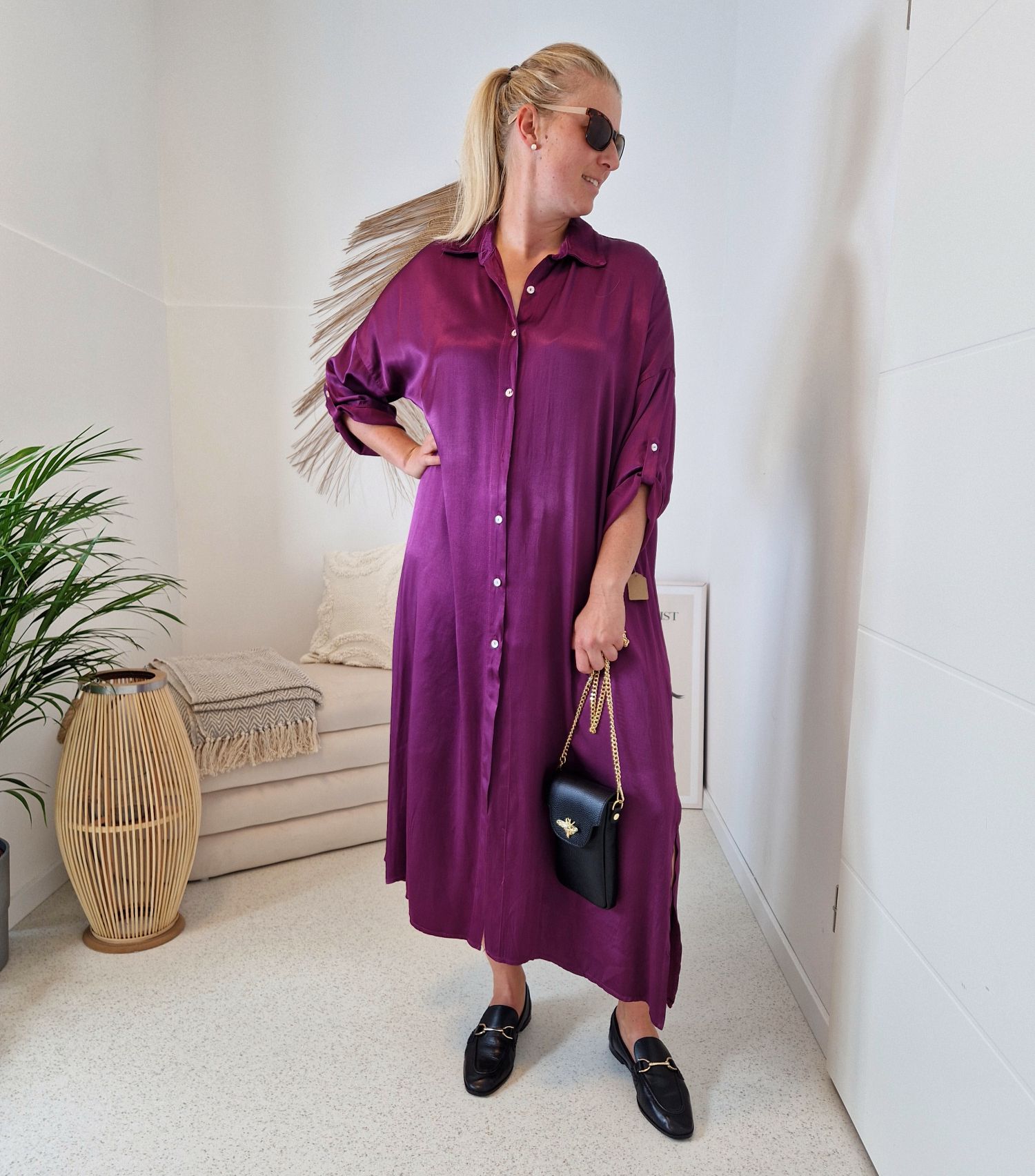 BLUSENKLEID NORA LILA 34-42/44 Made in Italy Oversize Maxi Kleid Mantel DRESS Satin Optik BLUSENKLEID NORA LILA 34-42/44 Made in Italy Oversize Maxi Kleid Mantel DRESS Satin Optik