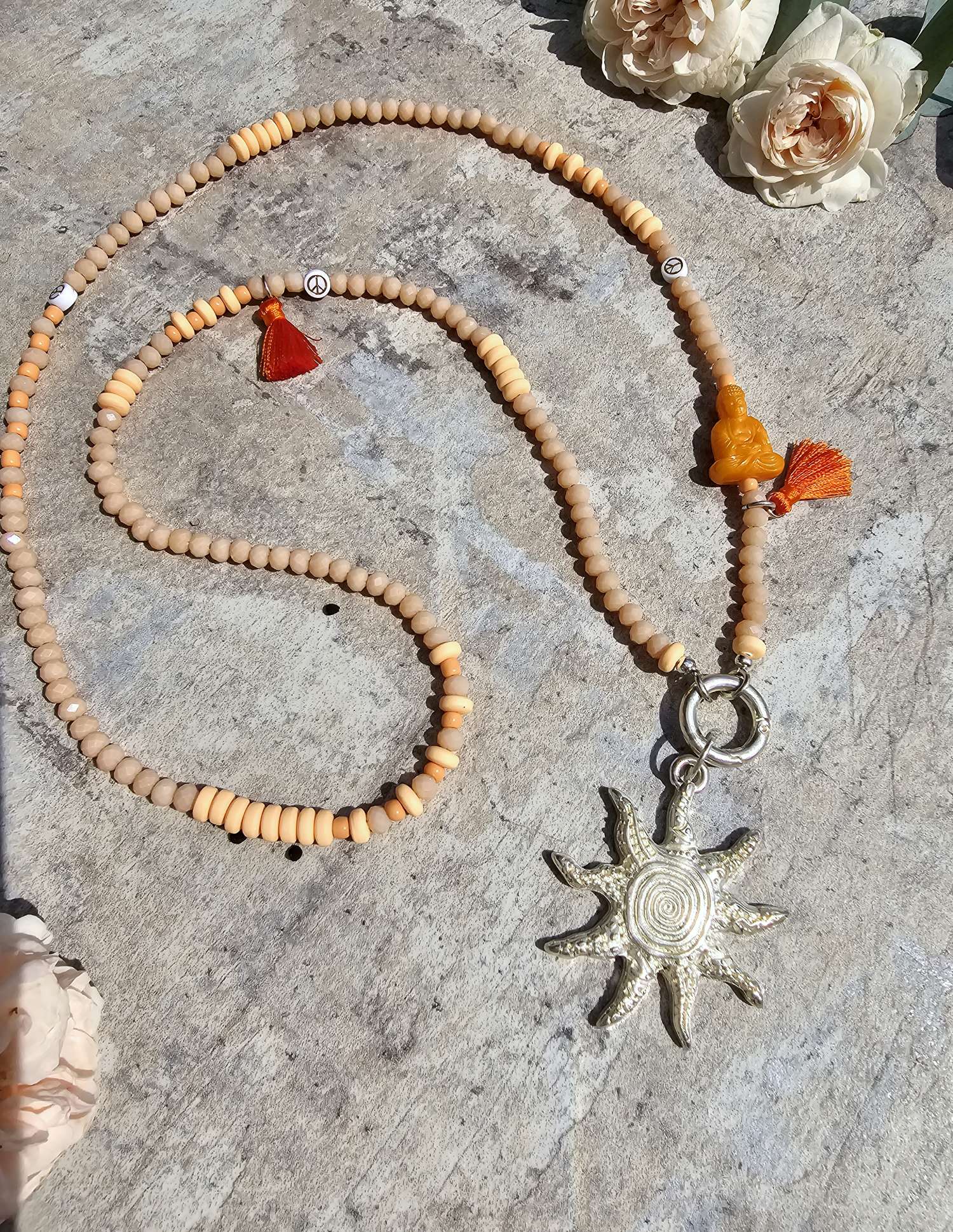 EXKLUSIVE LANGE PERLEN KETTE SUN SILVERSHINY BUDDHA KORALLE Howlith Edelsteine