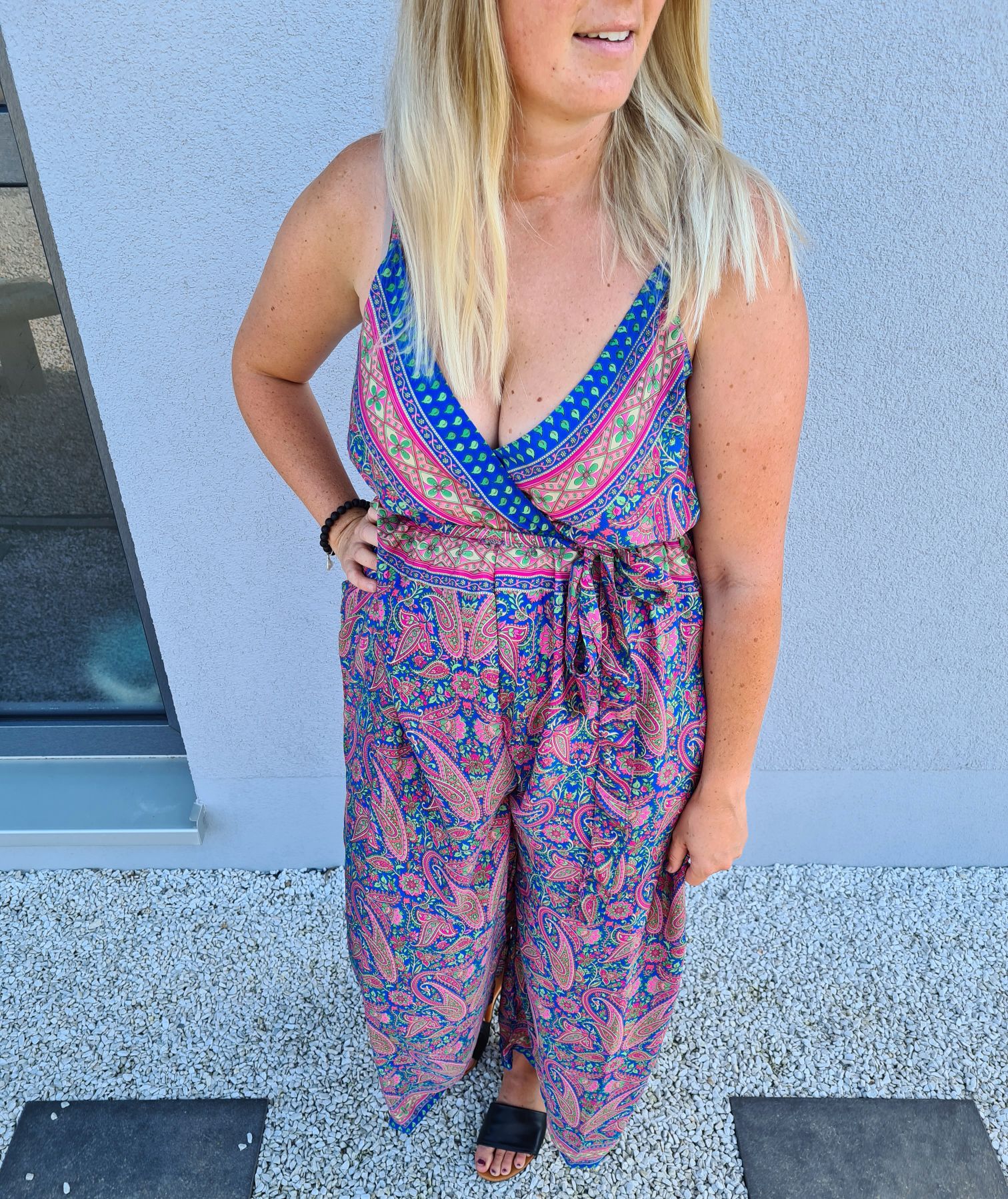 SILK JUMPSUIT MALEDIVE LEAVES BLAU PINK 1297 34-42 Boho Bohemian Overall Kunstseide SILK JUMPSUIT MALEDIVE LEAVES BLAU PINK 1297 34-42 Boho Bohemian Overall Kunstseide