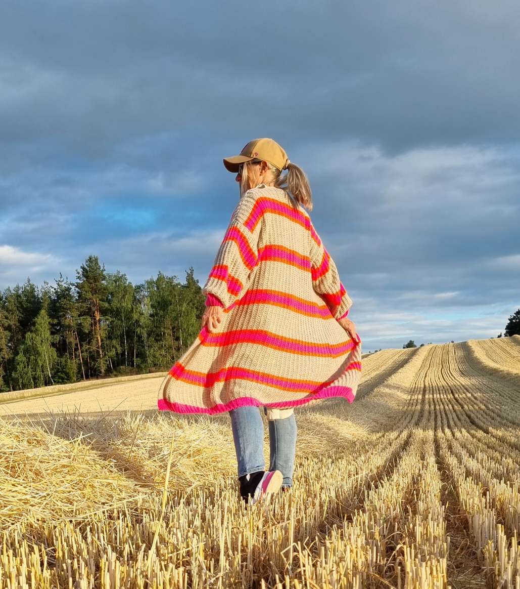 LONG KNIT CARDIGAN MYKONOS STRIPES BEIGE langer Strick Mantel Jacke Made in Italy Streifen 34-42 LONG KNIT CARDIGAN MYKONOS STRIPES BEIGE langer Strick Mantel Jacke Made in Italy Streifen 34-42