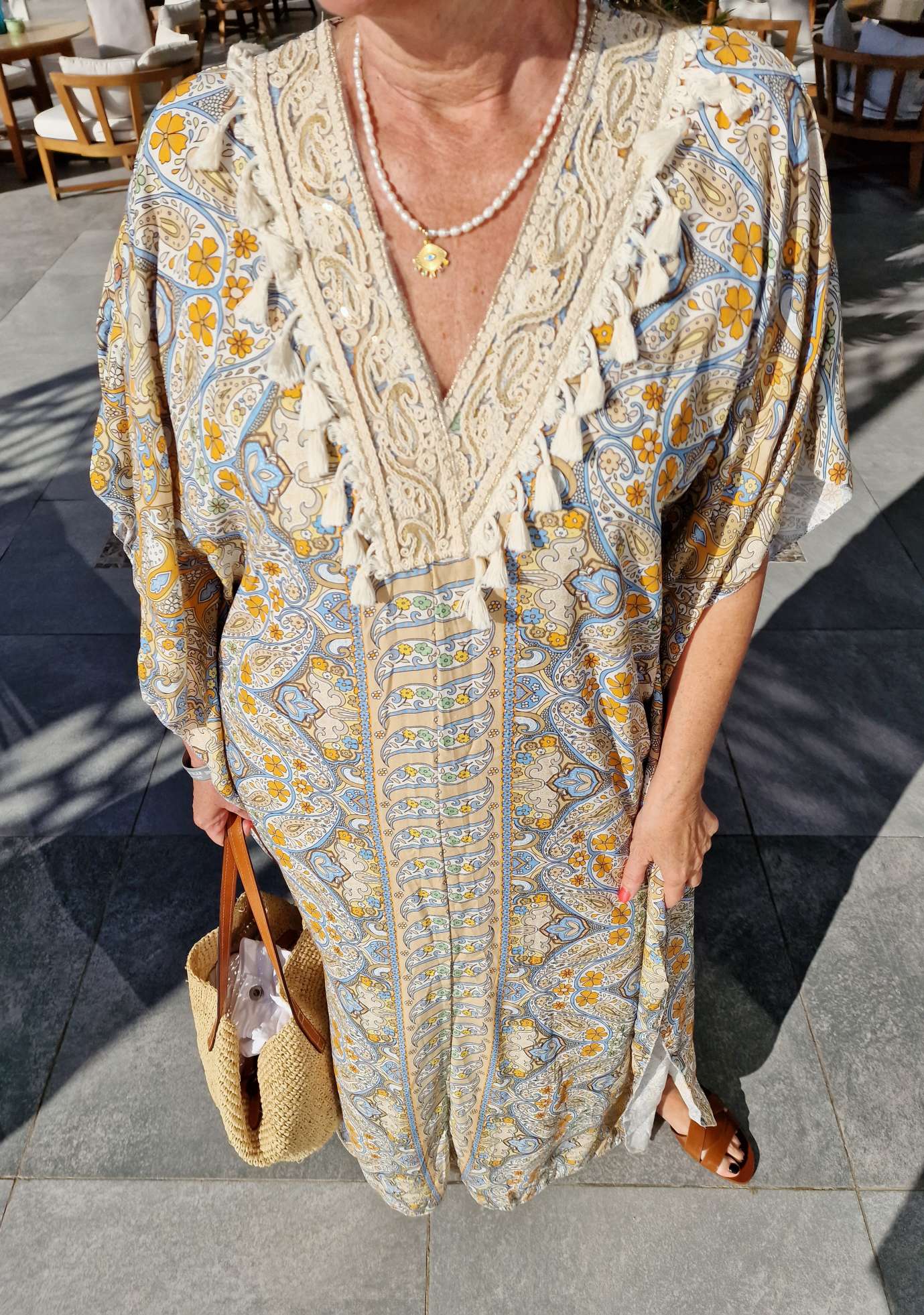 BOHO DRESS TEONA BEIGE HELLBLAU 34-40 Made in Italy Strand Kleid Tunika