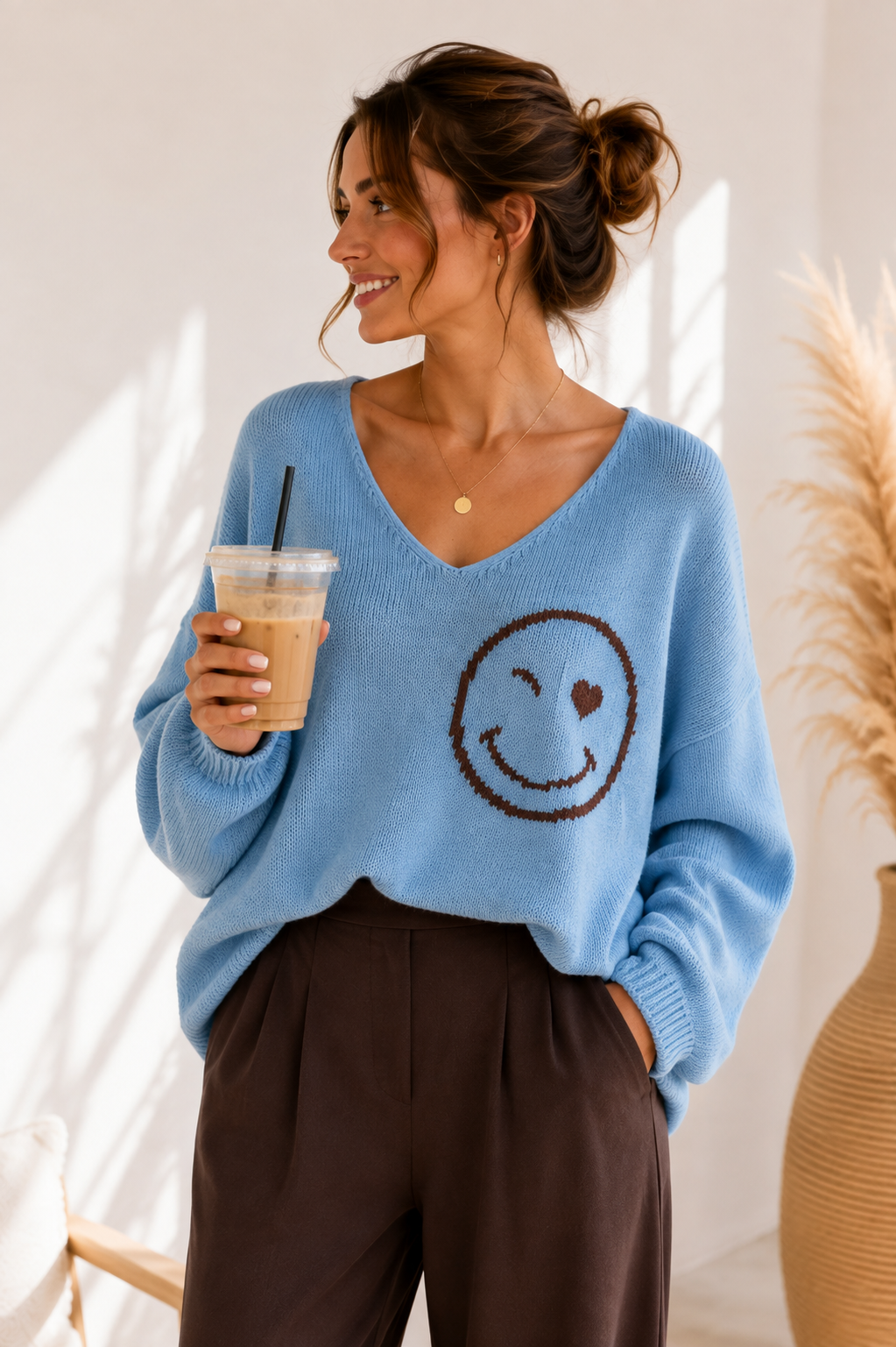 Strickpullover mit Smiley & Rückenprint Oversize I NO. SP0019 I Made in Italy 34-44/46