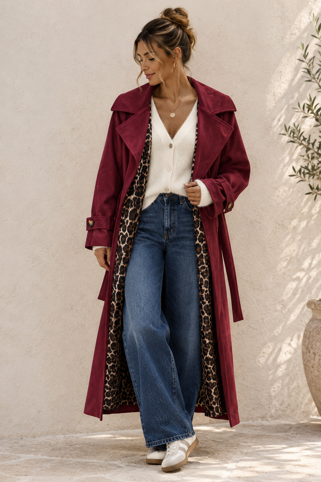 Tansania – Trenchcoat Mantel in Velourleder-Optik mit Leo-Futter | Made in Italy