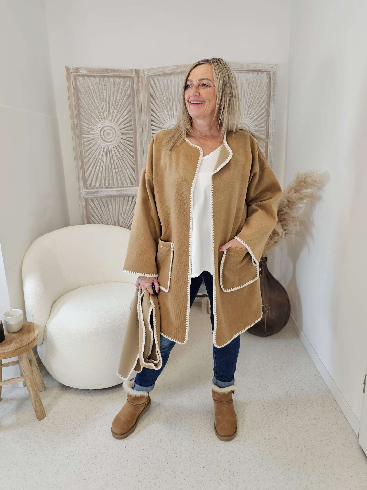 LIGHT COAT URSEL WITH SCARVE Fleece Jacke Mantel inkl Schal MADE IN ITALY 34-42 Strickjacke Cardigan