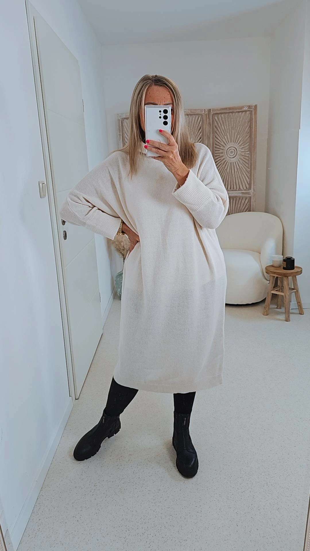 CASHMERE DRESS STELLA CREME 34-44 Made in Italy Strick Kleid Long Pullover