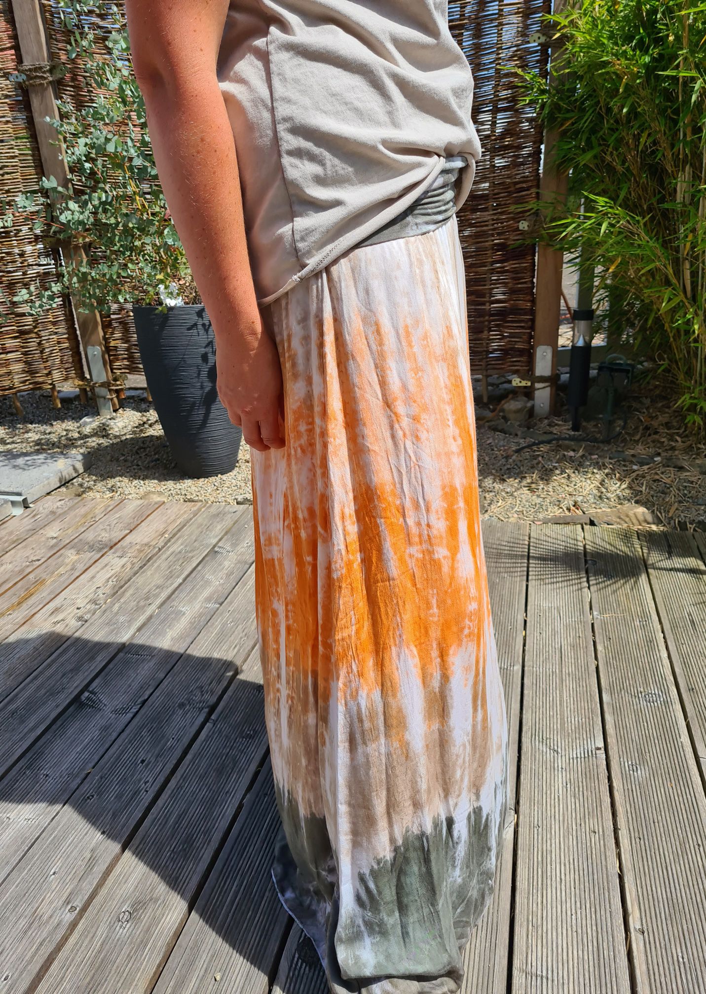 MAXI BATIK SKIRT ANNI ORANGE BEIGE GRAU 34-42 Made in Italy langer Rock Damenrock MAXI BATIK SKIRT ANNI ORANGE BEIGE GRAU 34-42 Made in Italy langer Rock Damenrock