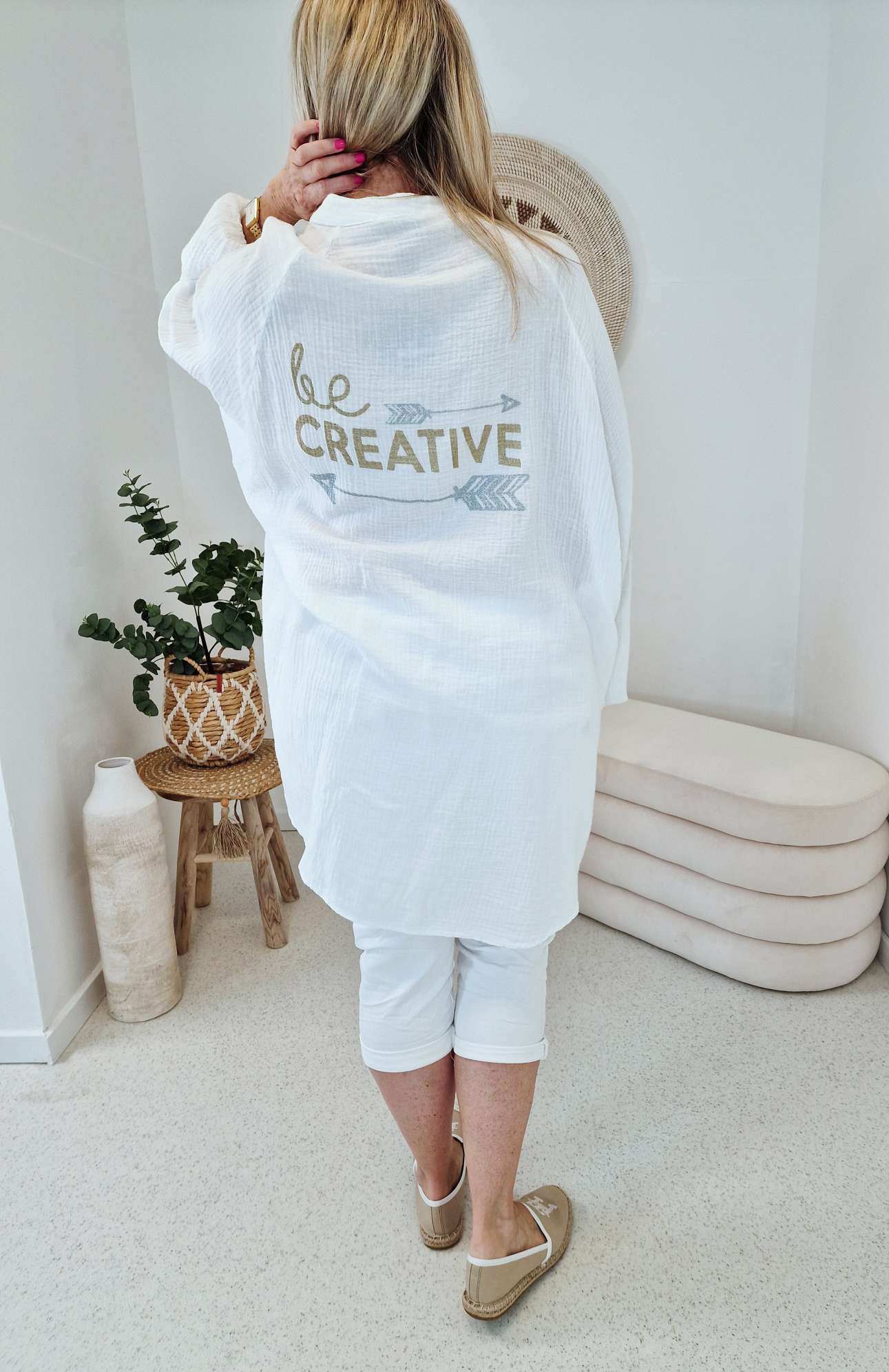 MUSSELIN OVERSIZE BLUSE BE CREATIVE WEISS 34-42/44 Made in Italy Longbluse Kleid Tunika Shirt Blusenjacke MUSSELIN OVERSIZE BLUSE BE CREATIVE WEISS 34-42/44 Made in Italy Longbluse Kleid Tunika Shirt Blusenjacke