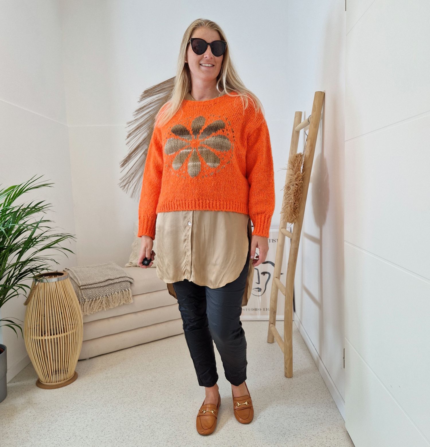KNIT SWEATER GRETA FLOWER ORANGE Strickpullover Pullover 34-42 Made in Italy versch. Farben KNIT SWEATER GRETA FLOWER ORANGE Strickpullover Pullover 34-42 Made in Italy versch. Farben