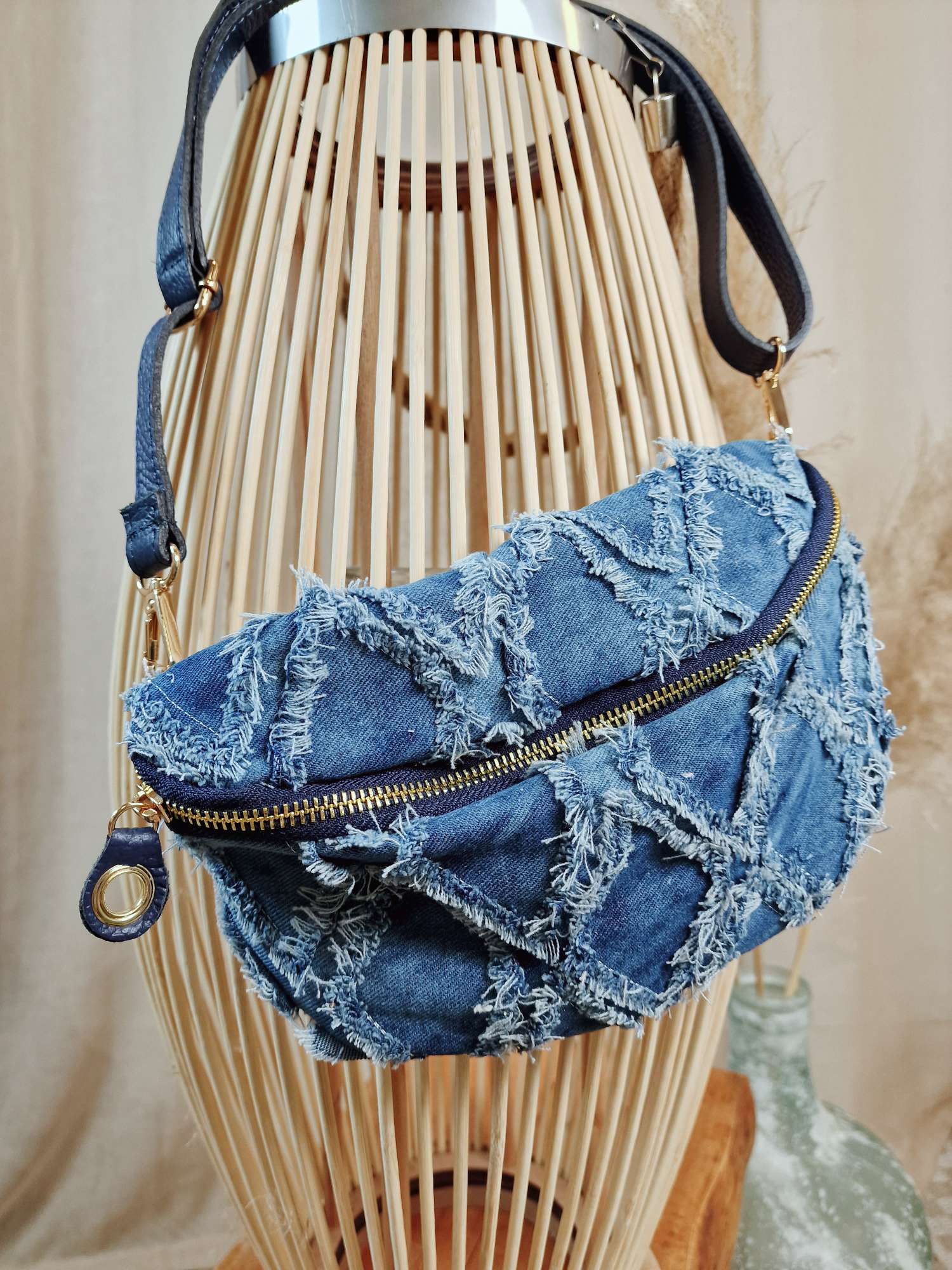 DENIM BAUCHTASCHE MONA DARK BLUE  V3 Made in Italy Umhänge Tasche