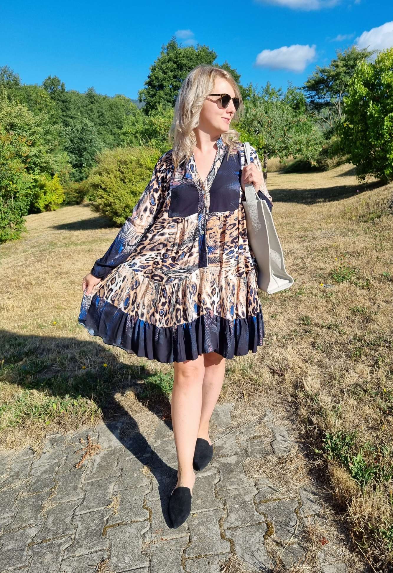 SHORT TUNIKA DRESS BLUE ANIMAL 34-40/42 Made in Italy langes Kleid Hängerchen Tunikakleid 
