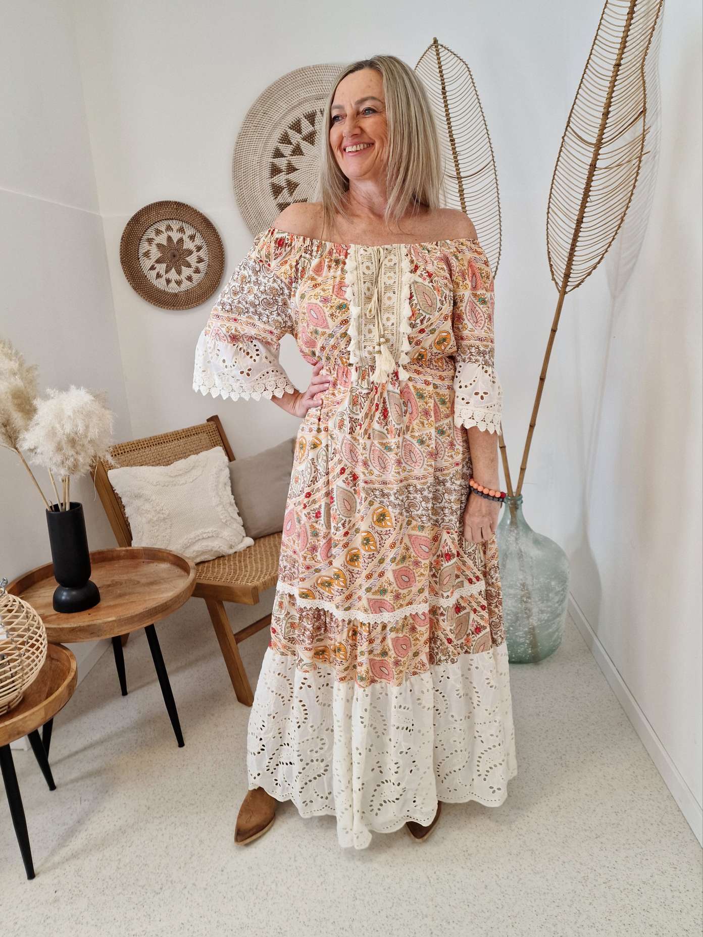 BOHEMIAN DRESS MERIDA LACHS 34-42 Made in Italy edles Boho Strand Kleid Sommer