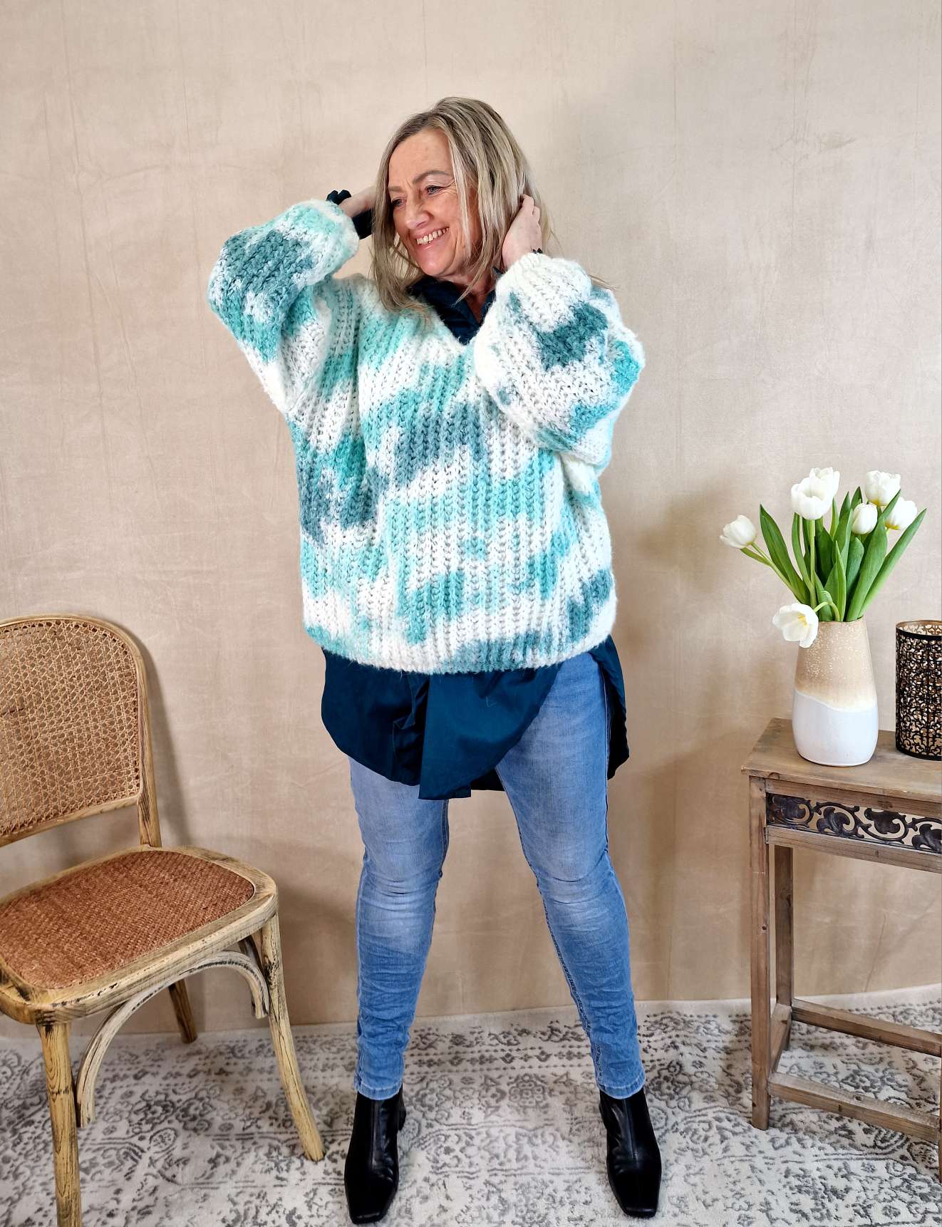 KNIT SWEATER SVENJA BATIK TÜRKIS Strickpullover Pullover 34-42 Oversize Made in Italy versch. Farben KNIT SWEATER SVENJA BATIK TÜRKIS Strickpullover Pullover 34-42 Oversize Made in Italy versch. Farben