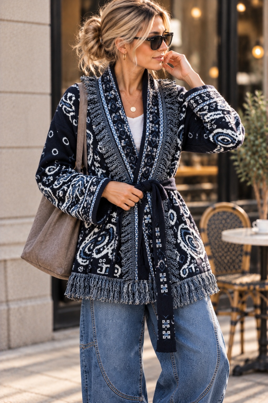 Cardigan mit Fransen & Gürtel Paisley-Muster SJ0179 I Made in Italy 34-42