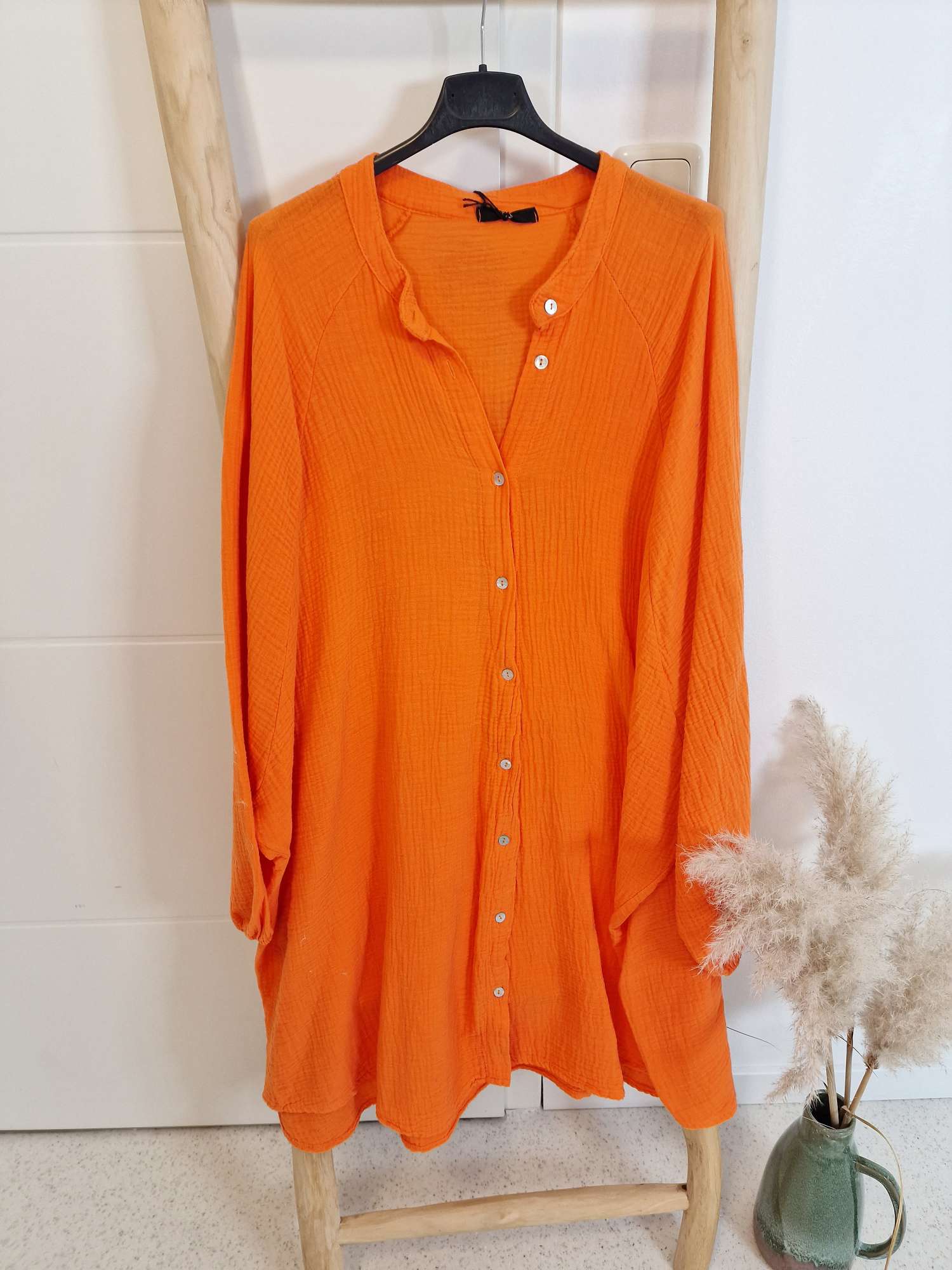 MUSSELIN OVERSIZE BLUSE BE CREATIVE ORANGE 34-42/44 Made in Italy Longbluse Kleid Tunika Shirt Blusenjacke MUSSELIN OVERSIZE BLUSE BE CREATIVE ORANGE 34-42/44 Made in Italy Longbluse Kleid Tunika Shirt Blusenjacke