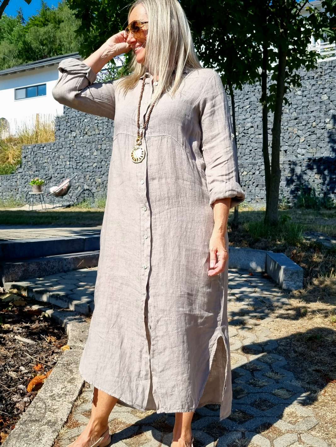 LINEN DESS WANDA 2 SCHLAMM 34-40 Made in Italy Leinen Kleid Long Bluse Mantel LINEN DESS WANDA 2 SCHLAMM 34-40 Made in Italy Leinen Kleid Long Bluse Mantel