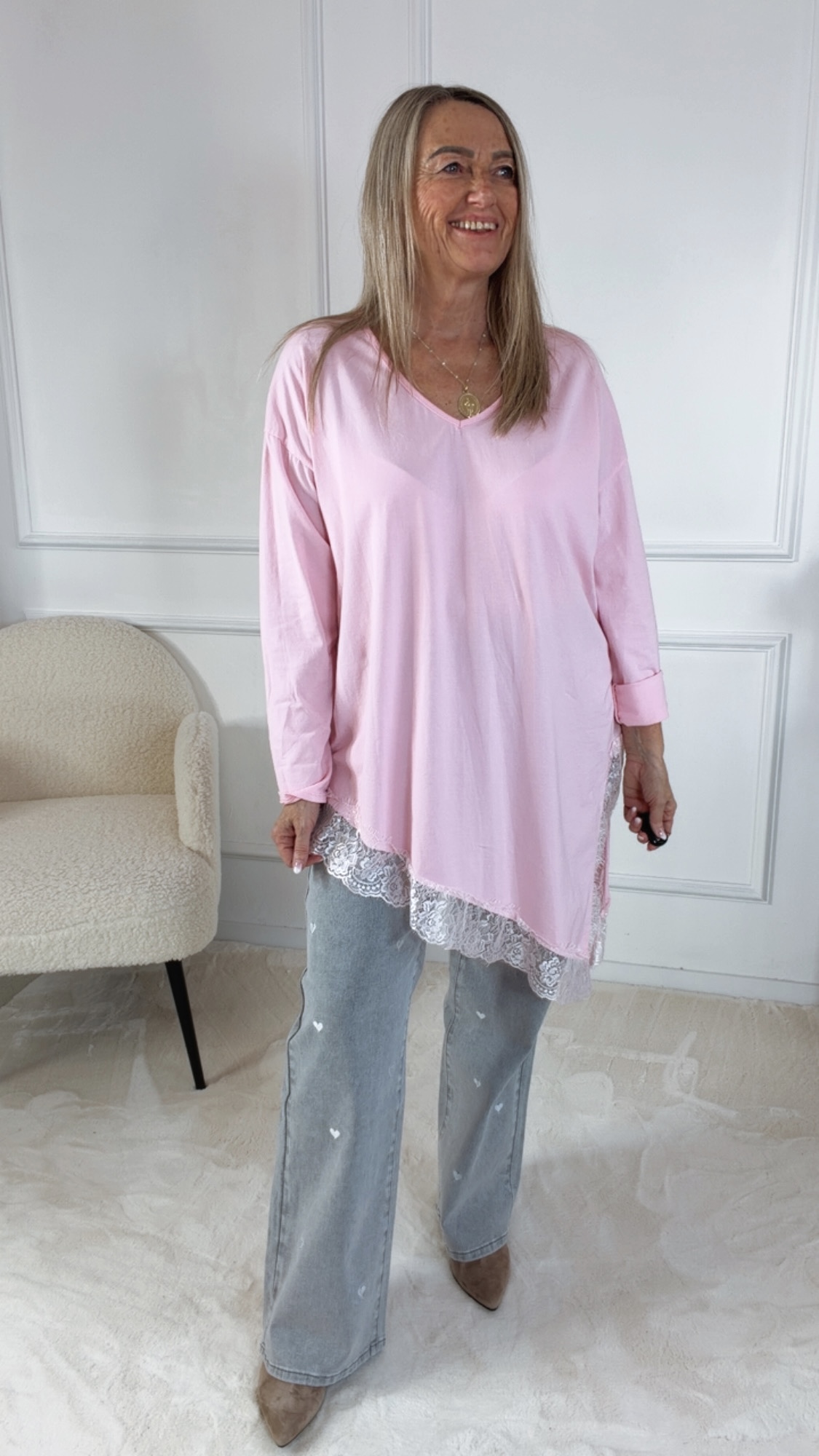 SPITZENSHIRT VITTORIA LANGARM ASYMMETRISCH Made in Italy 36 - 42