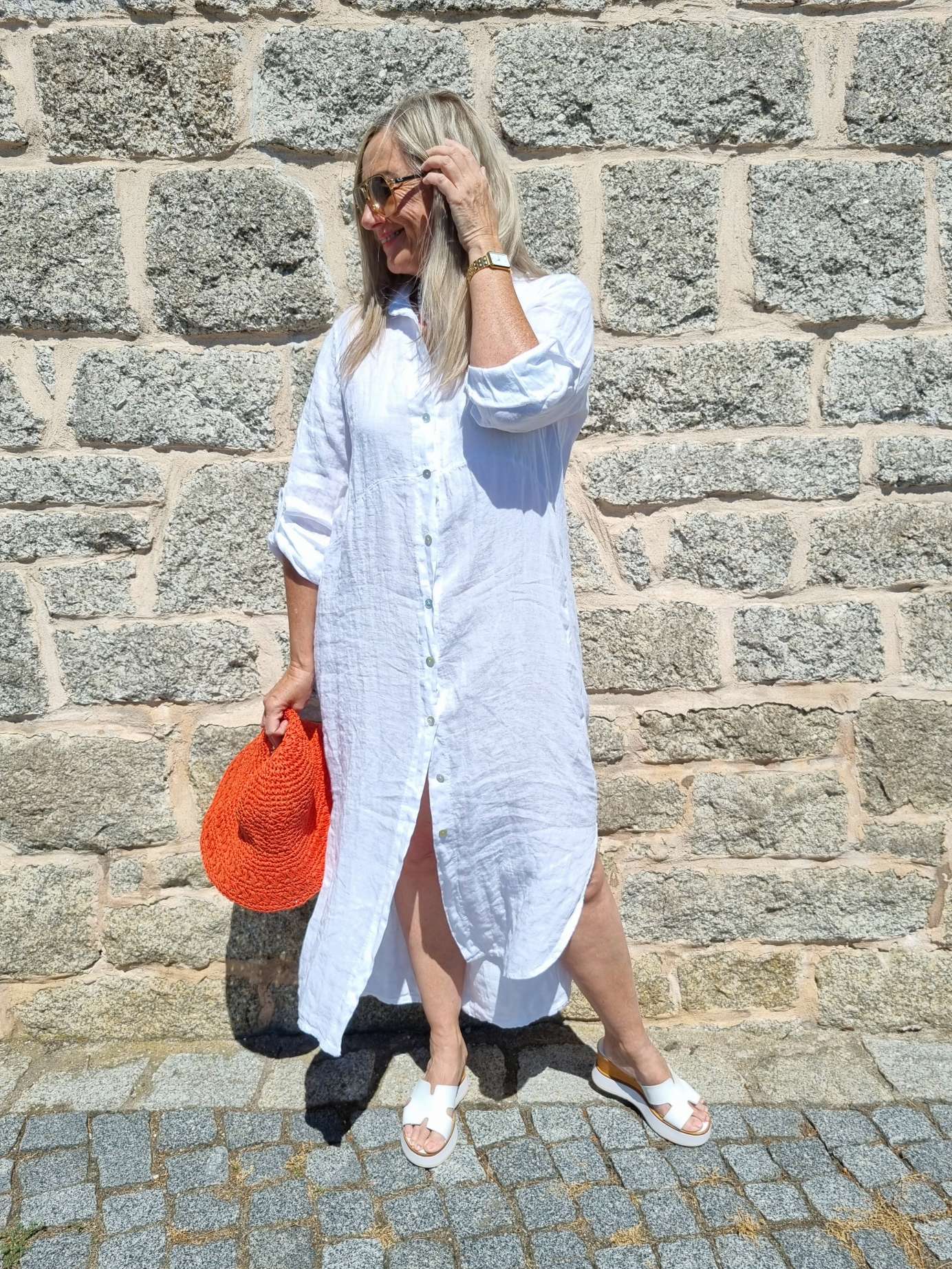 LINEN DESS WANDA 2 WEISS 34-40 Made in Italy Leinen Kleid Long Bluse Mantel LINEN DESS WANDA 2 WEISS 34-40 Made in Italy Leinen Kleid Long Bluse Mantel