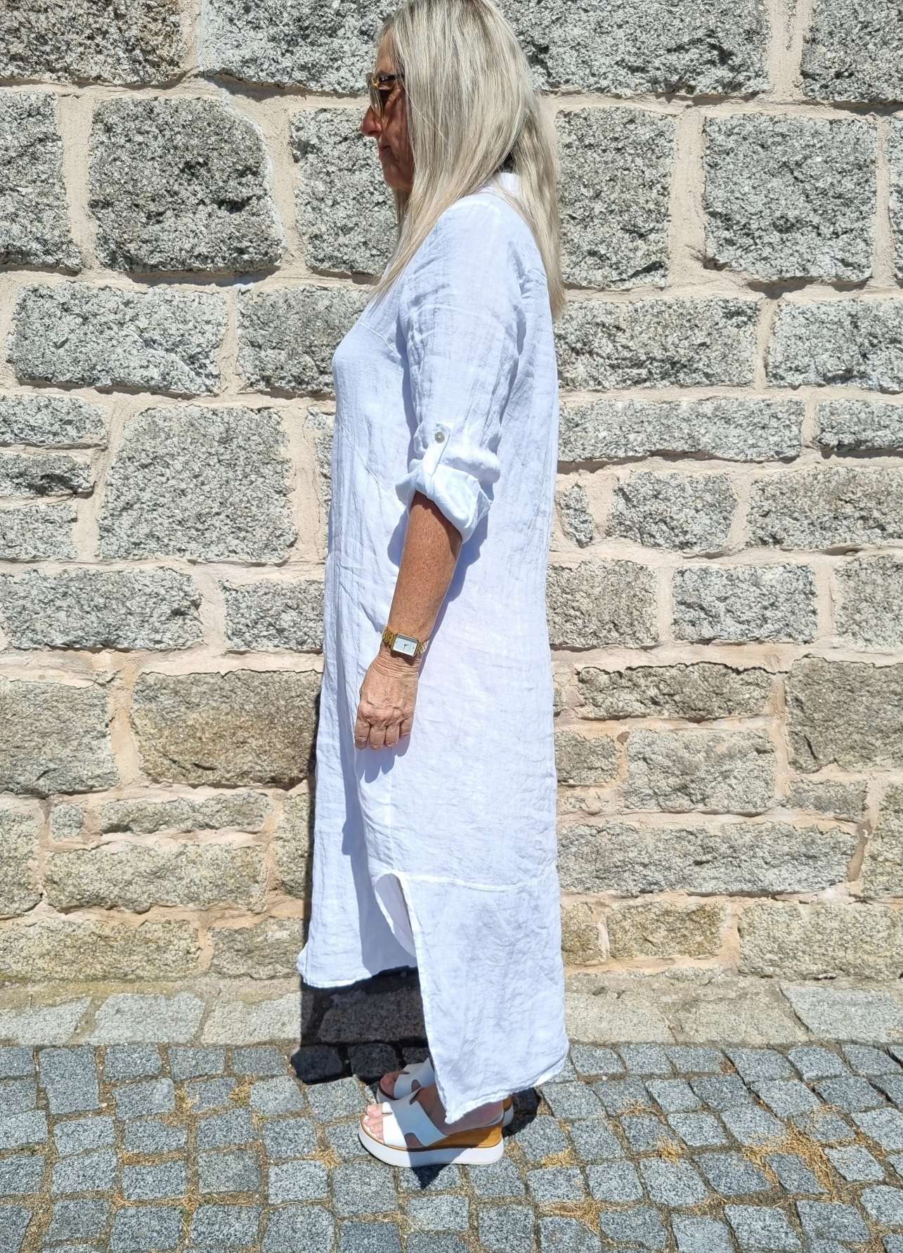 LINEN DESS WANDA 2 WEISS 34-40 Made in Italy Leinen Kleid Long Bluse Mantel LINEN DESS WANDA 2 WEISS 34-40 Made in Italy Leinen Kleid Long Bluse Mantel