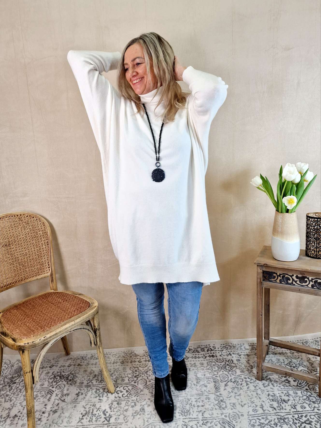 LIGHT KNIT DRESS EMILIA CREME 34-42 Made in Italy Strick Kleid Long Pullover
