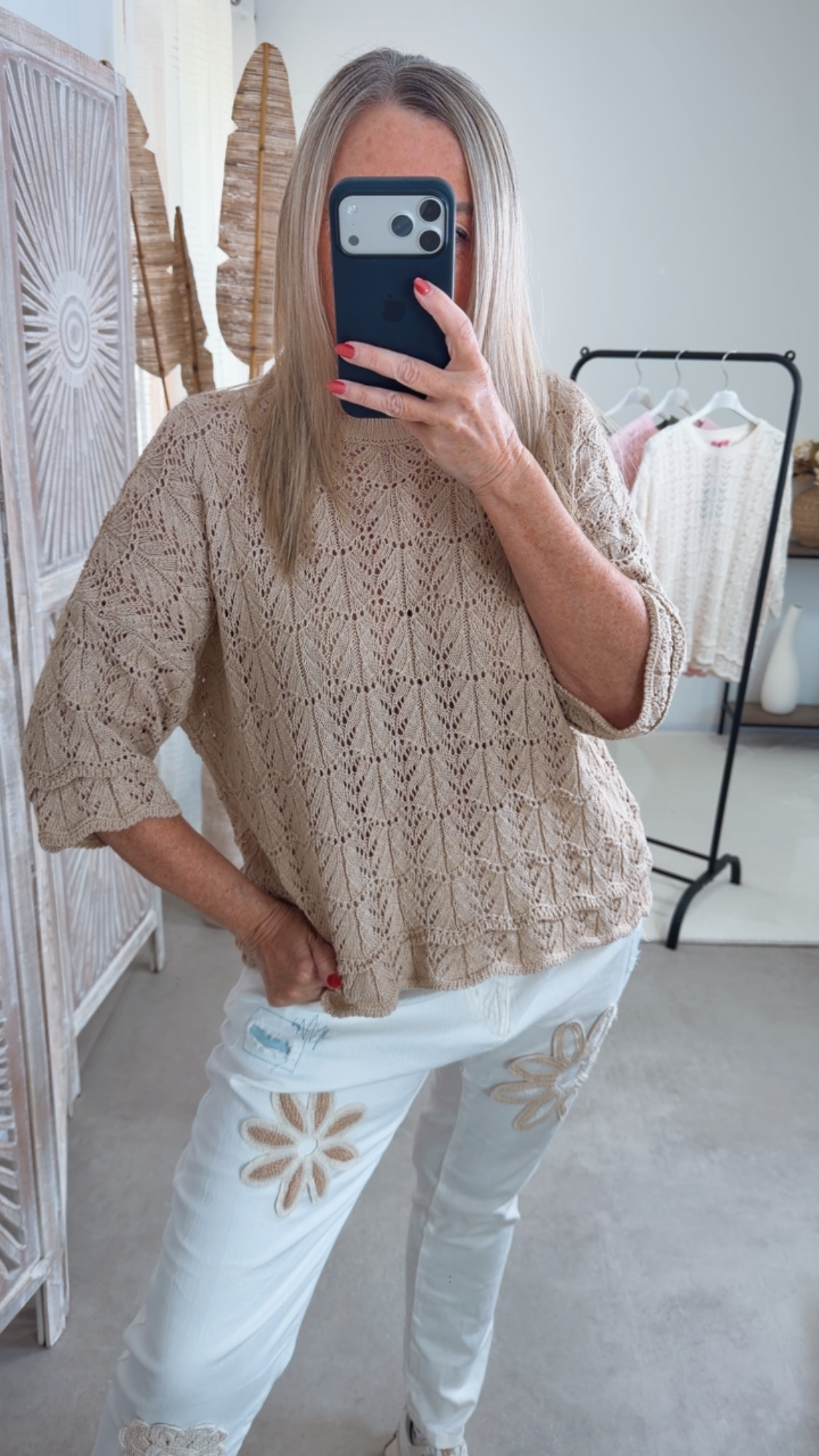 Strickshirt Lochmuster Fili Uni Made in Italy 34-42 Kurzarm Pullover