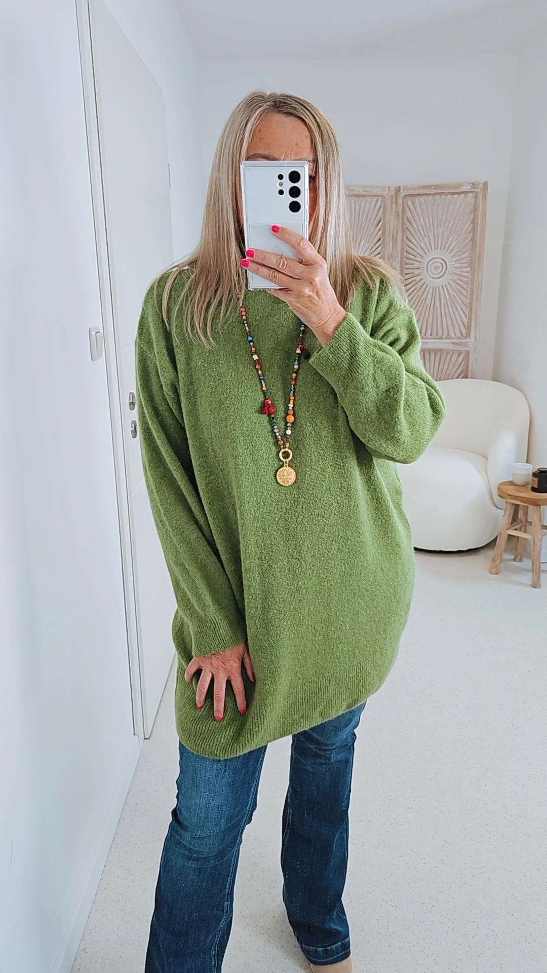 LONG KNIT SWEATER ELENOR GRÜN Strick Pullover Oversize Gr. 34-42 Baby Alpaka 