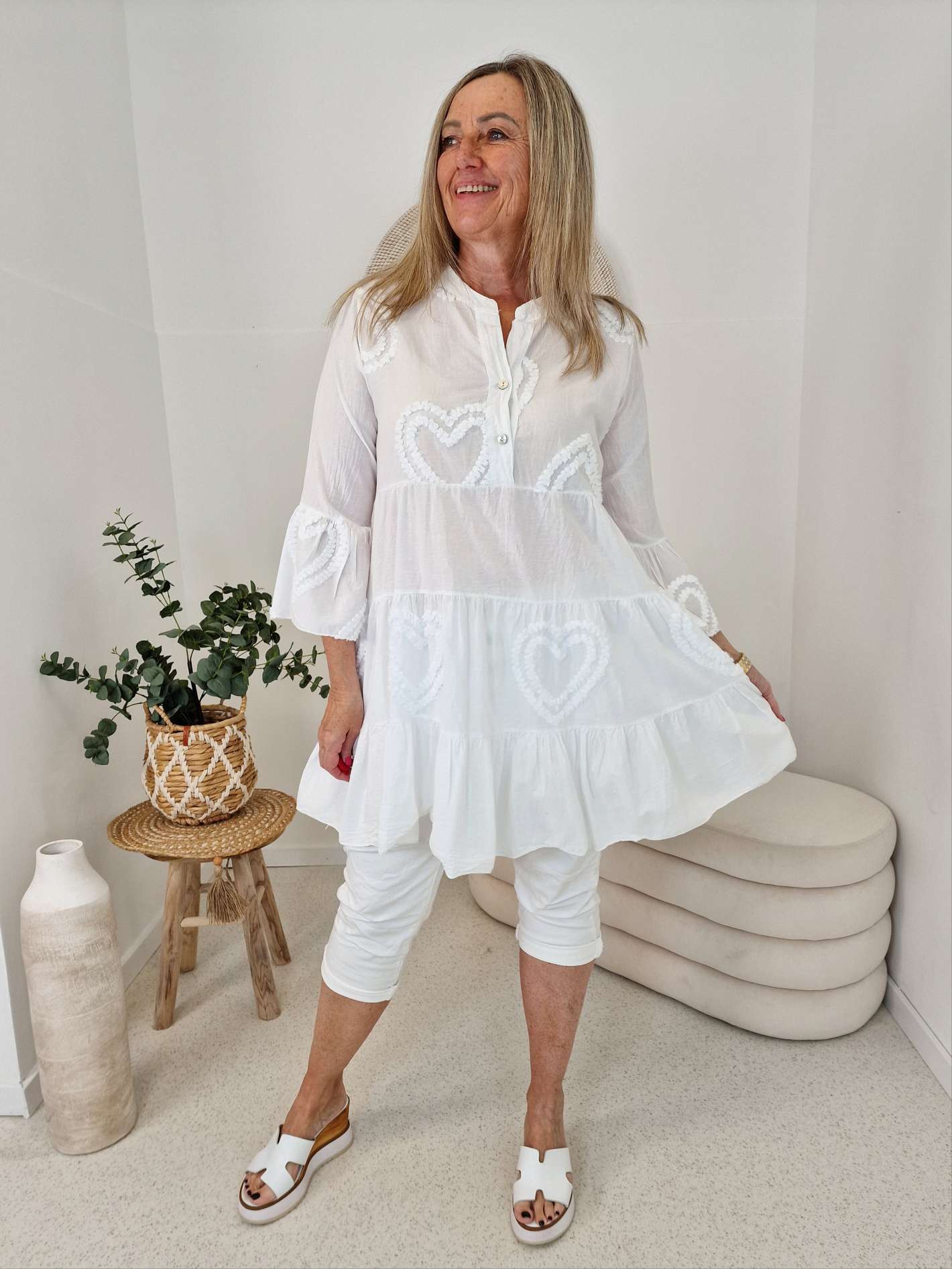 TUNIKA DRESS CLAIRE HEART WEISS 34-42 Made in Italy Midi Kleid TUNIKA DRESS CLAIRE HEART WEISS 34-42 Made in Italy Midi Kleid